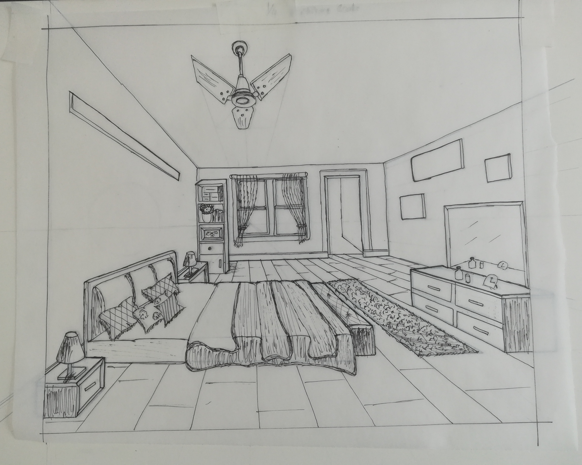 One-point perspective of bedroom. Hand rendered in pen