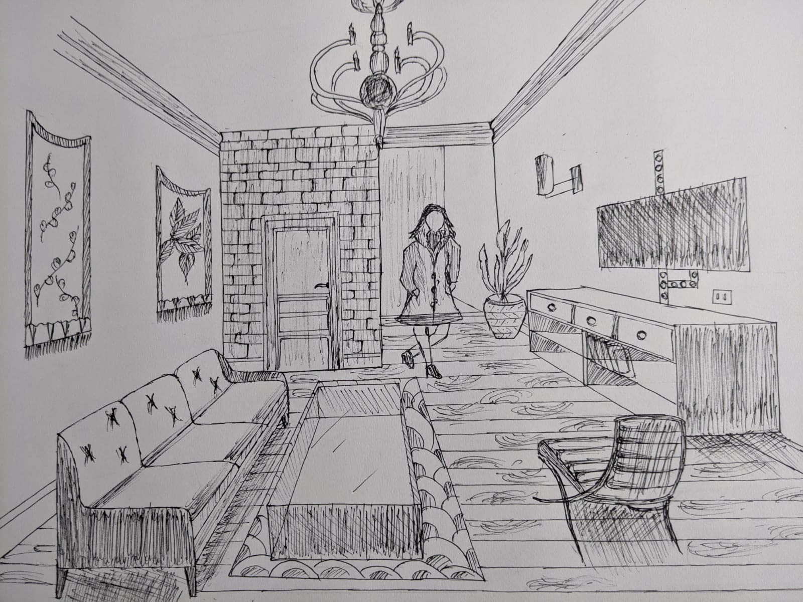 One-point perspective of a living area with a human figure gives liveliness to the space. Hand rendered in pen.