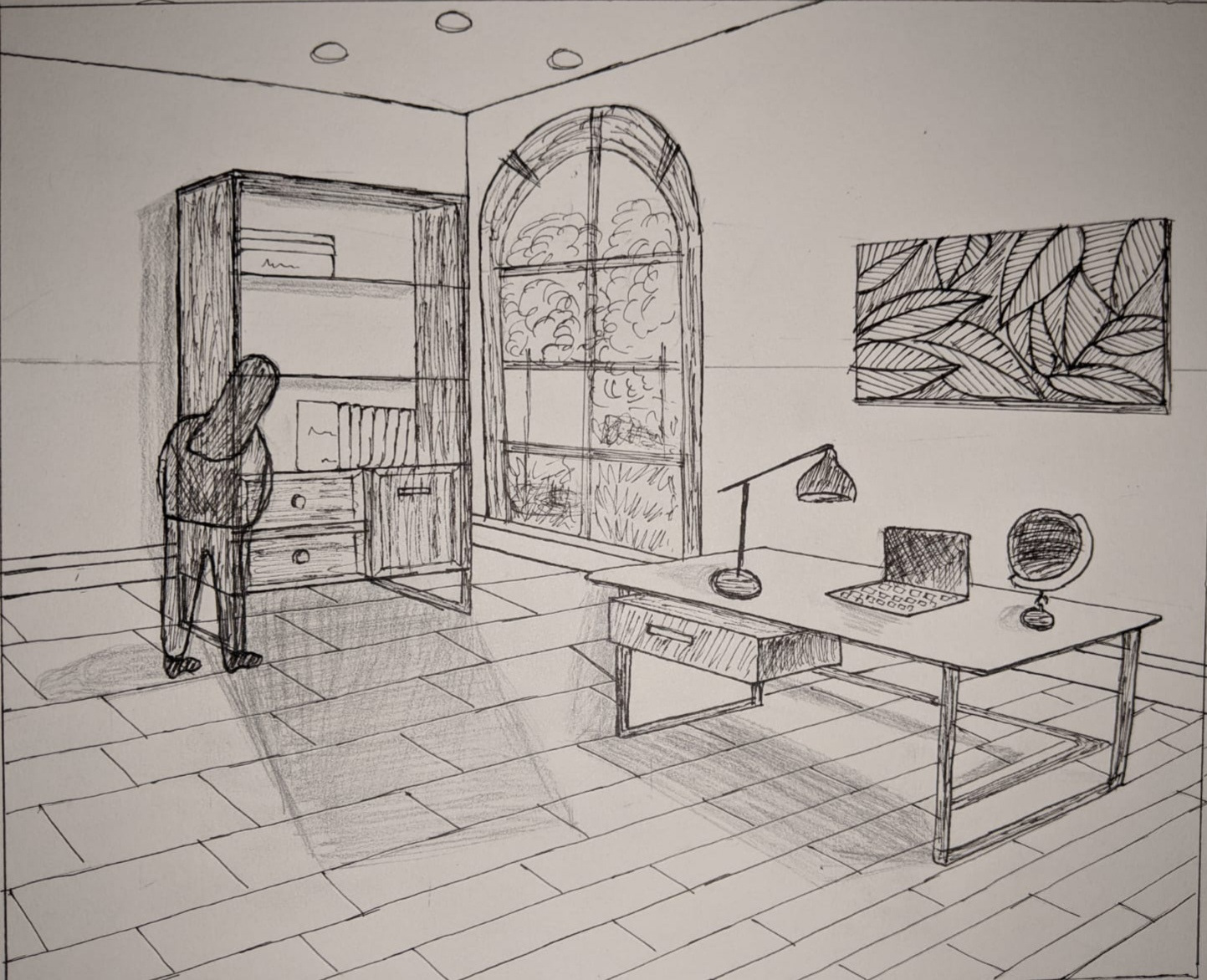 Two-point perspective of a study area with a human figure gives liveliness to the space. Hand rendered in pen.