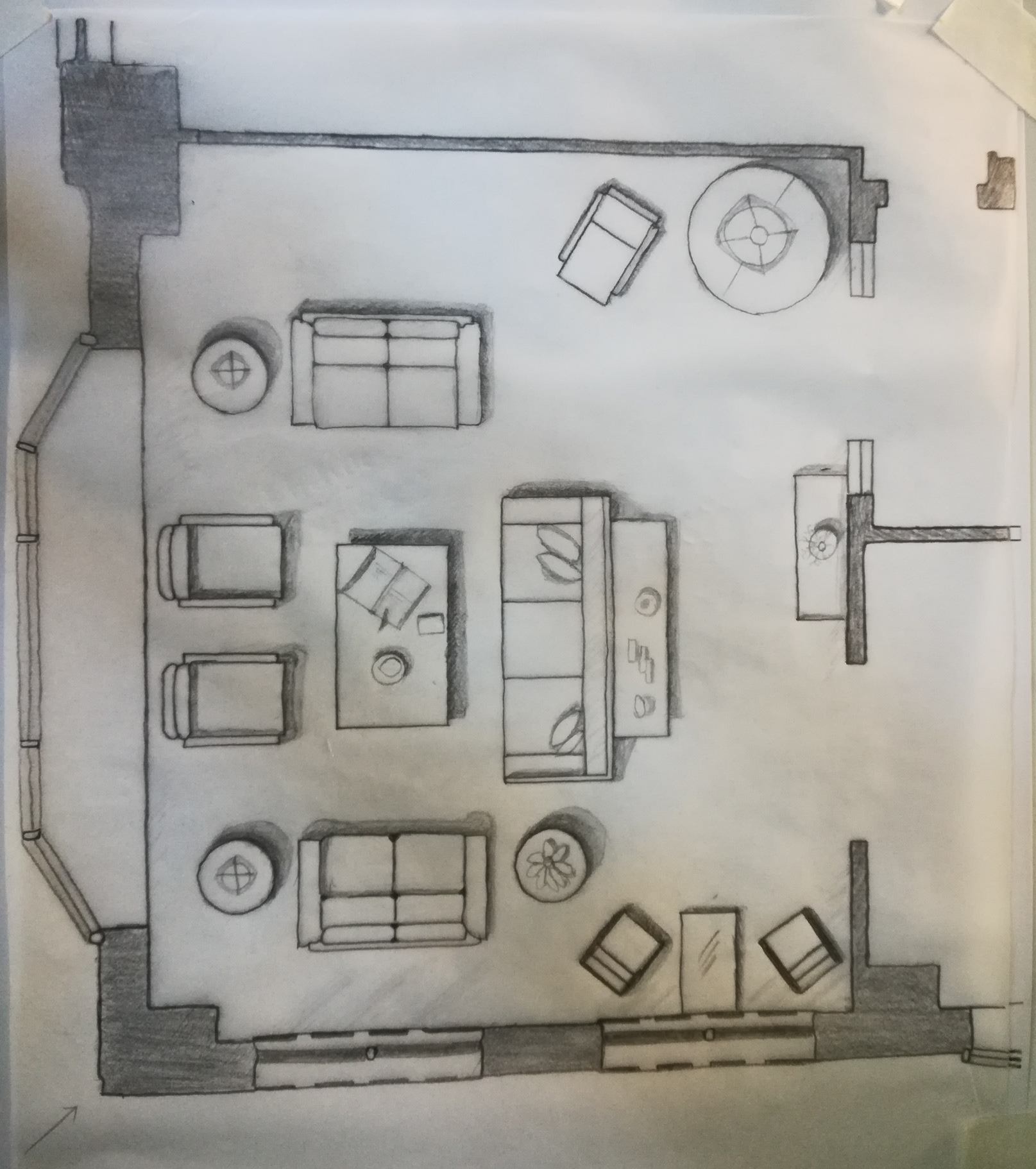 Hand rendered floor plan in pencil