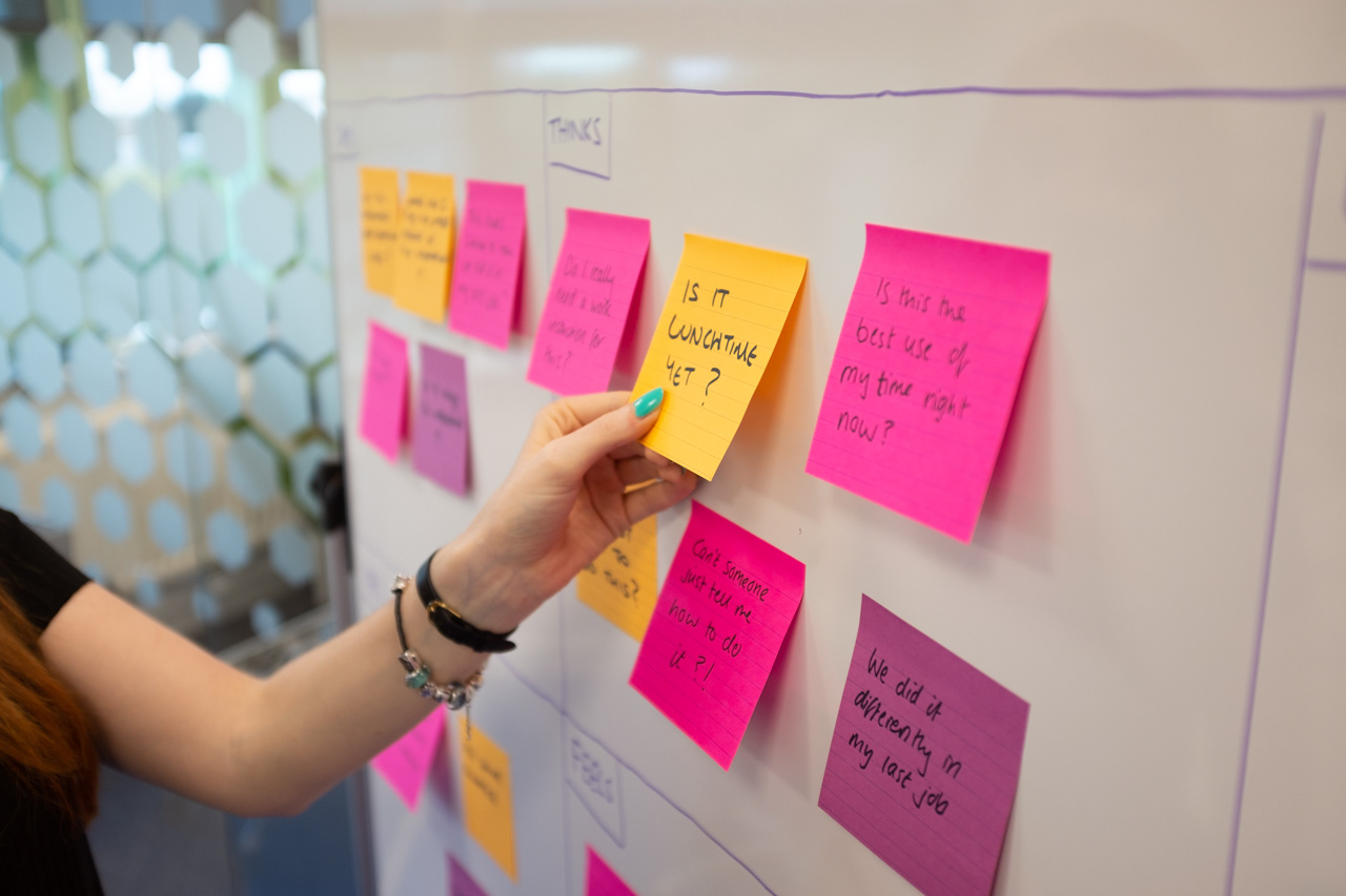 Adding post-its to the board in the empathy mapping.