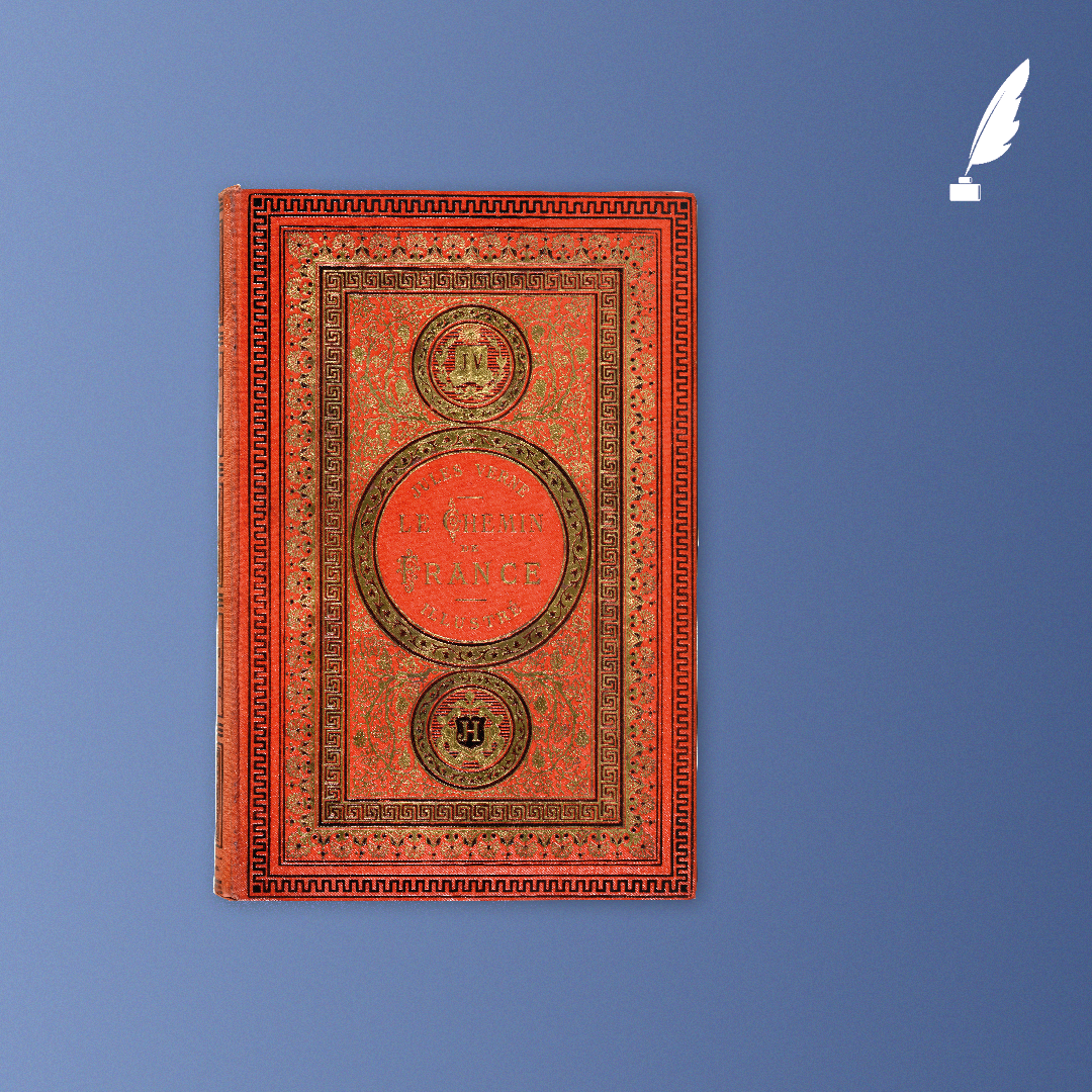Le Chemin de France, Jules Verne, Paris, Bibliothèque d’Éducation et de Récréation J. Hetzel, 1887. Grand in-8° simple. Cartonnage éditeur en pleine percaline rouge « aux initiales JV-JH ». Première édition illustrée et premier cartonnage. 41 dessins par Georges Roux et 2 cartes. Cartonnage monochrome, édité de 1875 à 1890, appelé « aux initiales JV – JH » car comportant les initiales JV (pour Jules Verne) dans le médaillon supérieur, et les initiales JH (pour Jules Hetzel) dans le médaillon inférieur. © Hôtel Littéraire Jules Verne