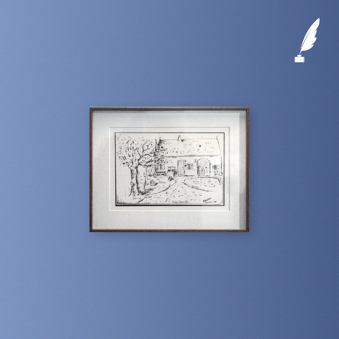 Reproduction d’un dessin exécuté d’après mémoire par Marcel Aymé en 1915 et représentant la maison des grands-parents maternels de l’écrivain, "La Tuilerie", où il vécut à Villers-Robert, depuis la mort de sa mère en 1904 jusqu'en 1910. Son grand-père Auguste Monamy, à la fois fermier et entrepreneur, y fabriquait des tuiles, estampillées "Monamy A., Villers-Robert, Jura". Ce dessin fut offert à l’Hôtel Littéraire Marcel Aymé par Jacques Sennepin, ancien président de la SAMA (Société des Amis de Marcel Aymé) en même temps qu’un exemplaire de l’une de ces tuiles. © Hôtel Littéraire Marcel Aymé