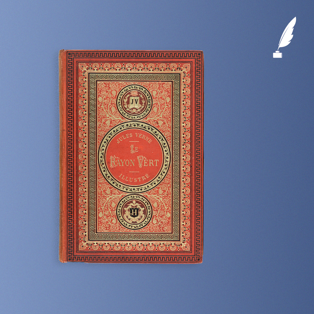 Le Rayon vert, Jules Verne, Paris, Bibliothèque d'Éducation et de Récréation,
J. Hetzel et Cie, sd (1882). Grand in-8 simple, cartonnage éditeur en pleine percaline rouge « aux initiales JV-JH ». Charles Magnier relieur. Première édition illustrée et premier cartonnage simple. 44 illustrations par Léon Benett et une carte. Le plat « aux inititales J.V. et J.H. », réalisé par Hetzel entre 1875 et 1889, est un cartonnage monochrome comportant les initiales JV (pour Jules Verne) dans le médaillon supérieur, et les initiales JH (pour Jules Hetzel) dans le médaillon inférieur. © Hôtel Littéraire Jules Verne