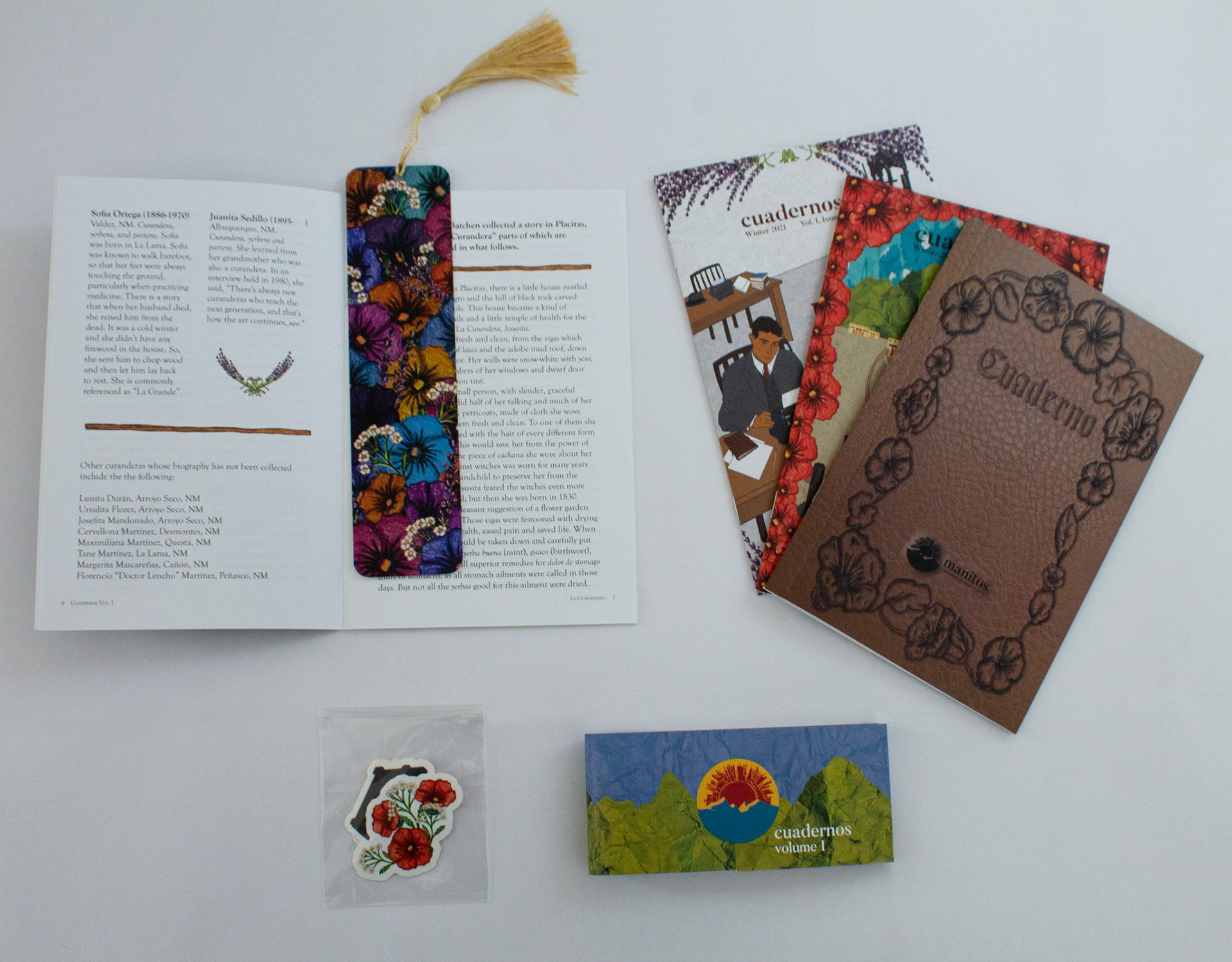 Full view of booklets, stickers, bookmark, and wrap around in the volume 1 set