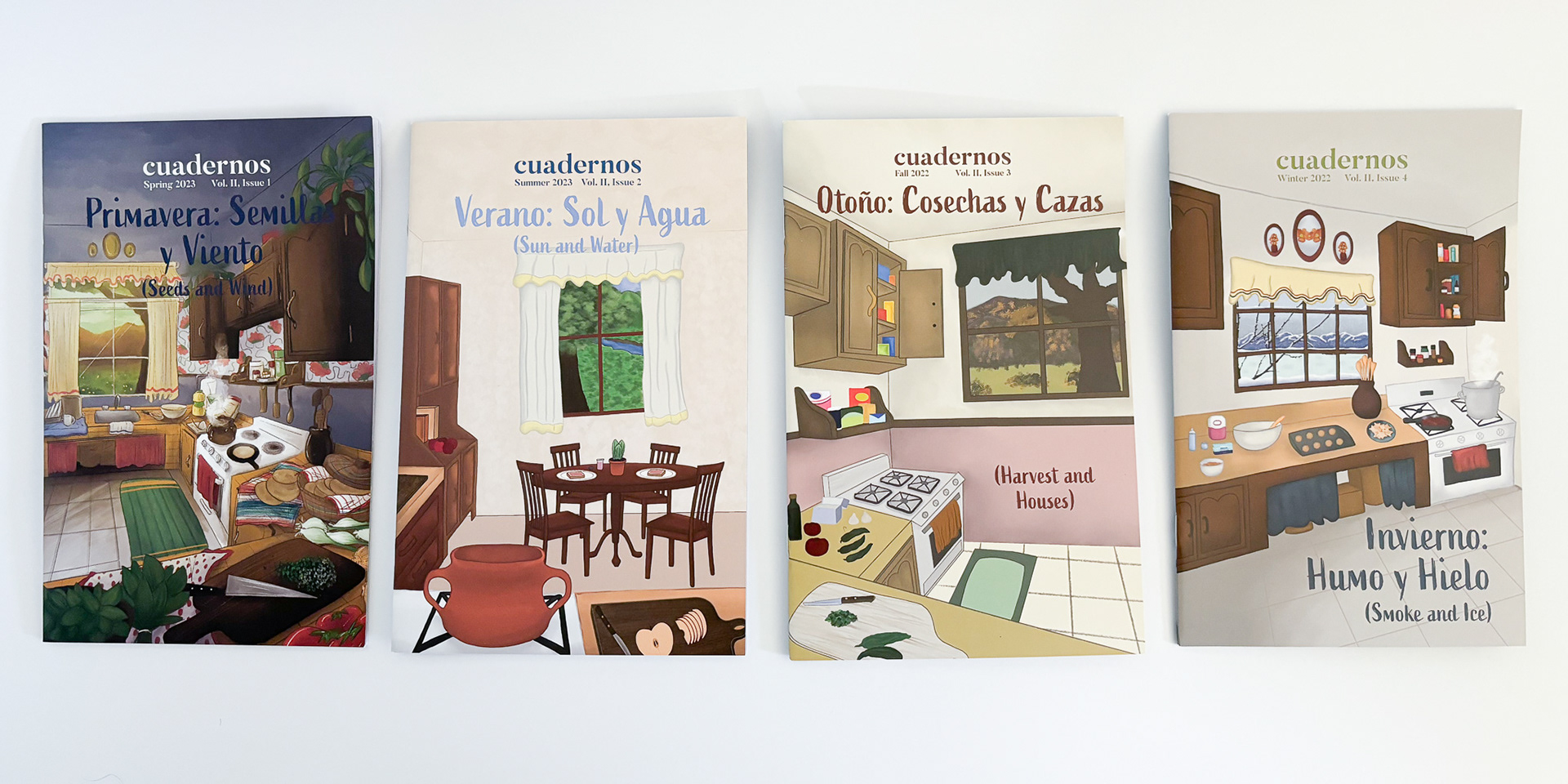 The series four book titles are Primavera: Semillas y Viento, Verano: Sol y Agua, Otoño: Cosechas y Cazas, and Invierno: Humo y Hielo.