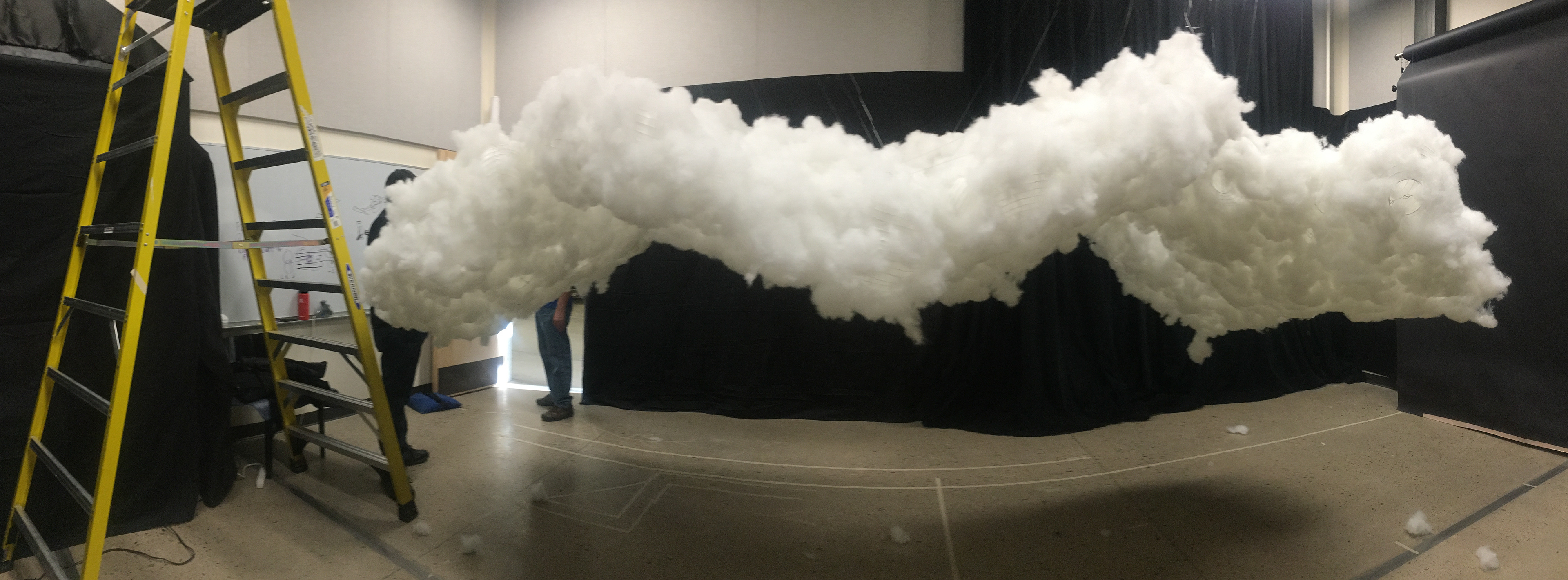 Finished view of the clouds hung up in studio space