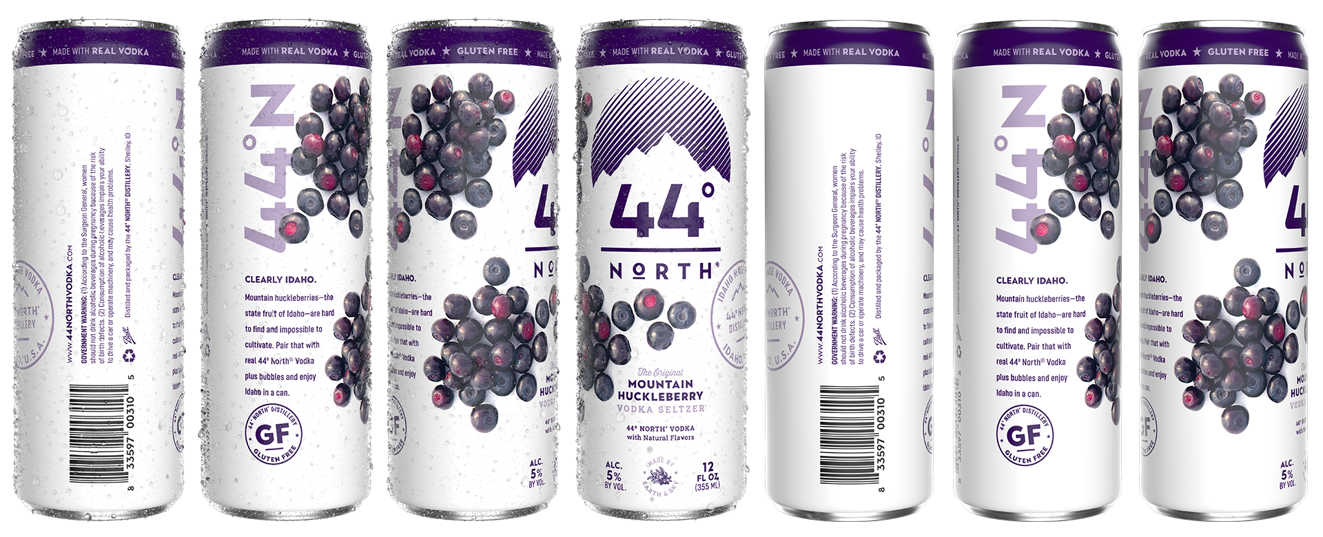 Various views of 3D rendered 44 North Mountain Huckleberry Vodka Seltzer cans
