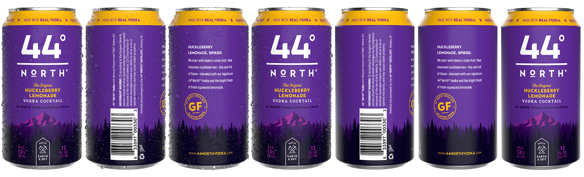 Various views of 3D rendered 44 North Huckleberry Lemonade Vodka Cocktail cans
