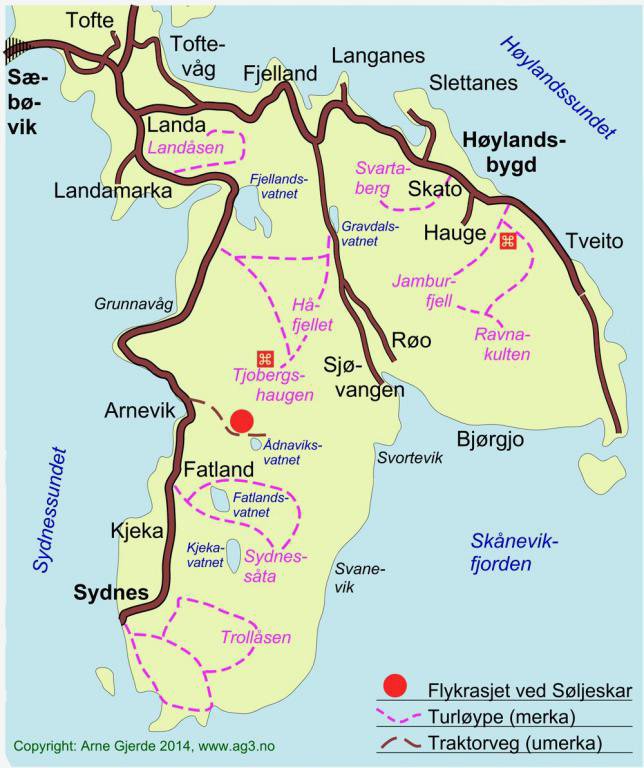Den raude kula viser kor FLYPLASSEN er. Løypa frå FATLANDSKOGEN startar omlag ved bokstaven "n" i "Fatland".