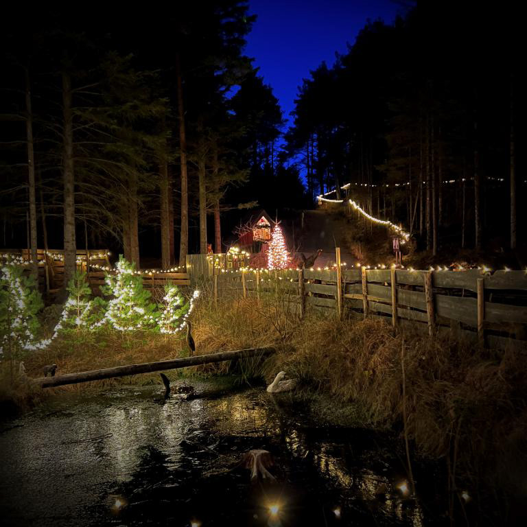 Ikkje eit menneske å sjå lenger. Men det meste av pynten blir ståande til over nyttår, så det er duka for mange fine kveldsturar. Foto: Sunniva Lind T Gjerde.