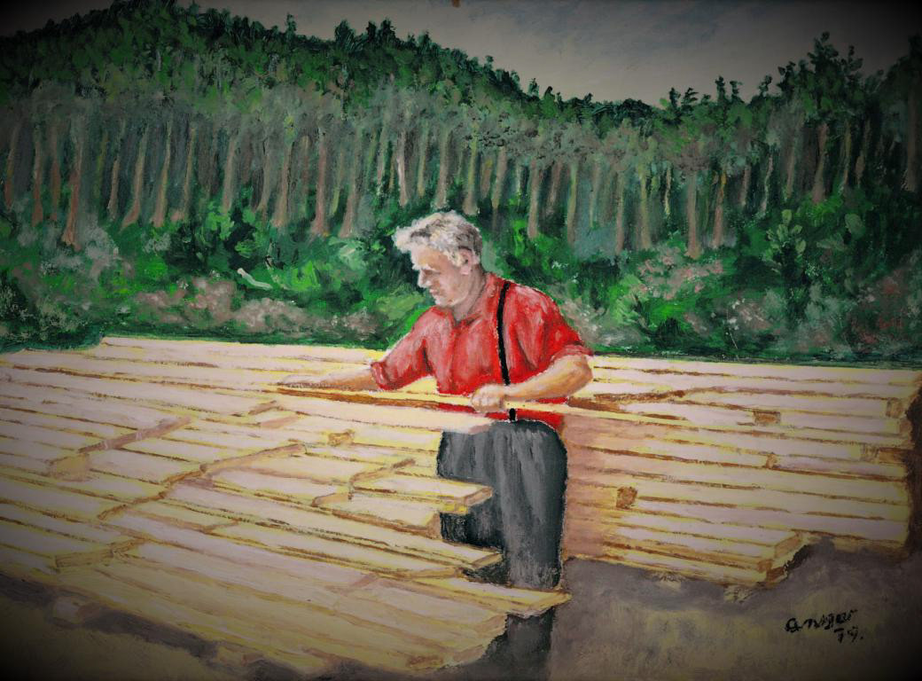 Pappa Leiv stablar materialar på saga i FATLANDSKOGEN. Måleri av Ansgar Jacobsen.