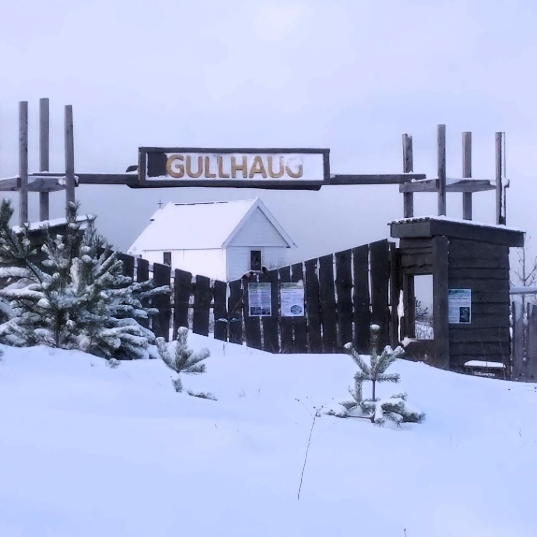 Kvitt kapell i kvit landskap.