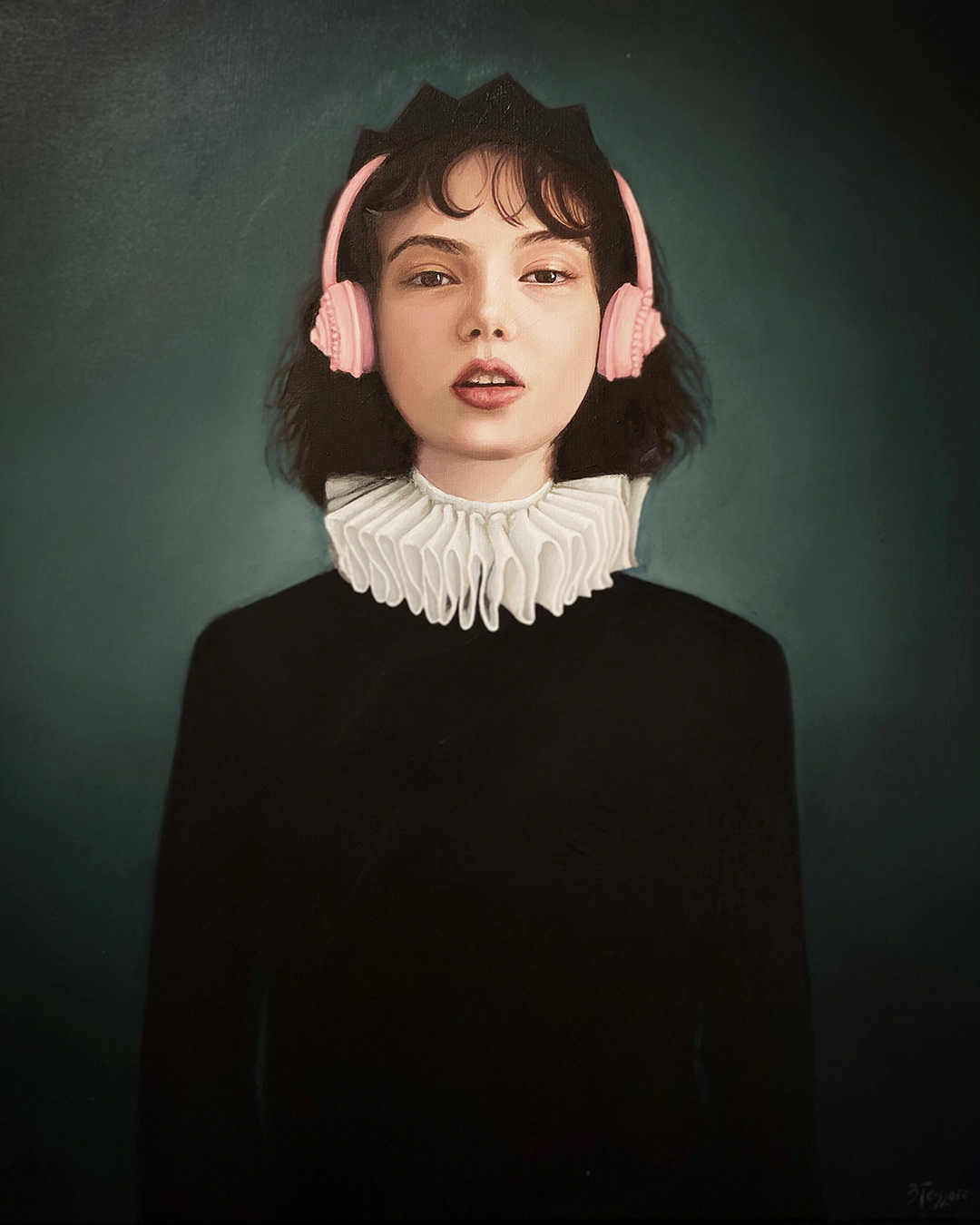 Reina con Auriculares Rosa - Oleo sobre tela - 50 x 60 cm