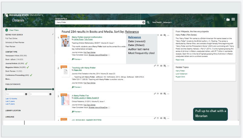 See the option to see the number of total results along with the ability to sort by author last name