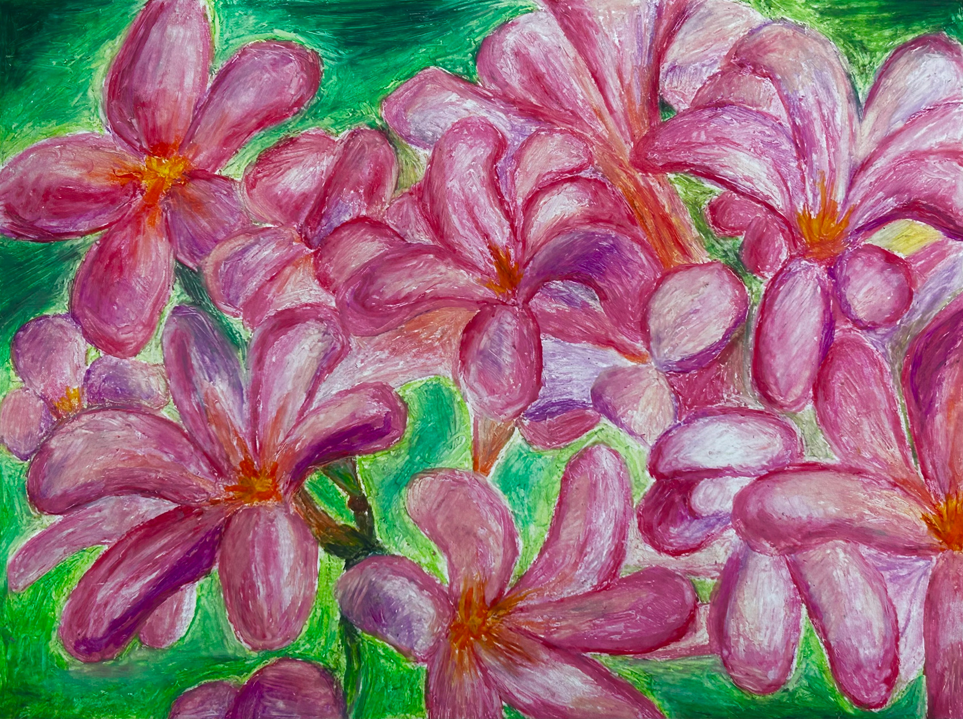 Oil pastels on paper. 