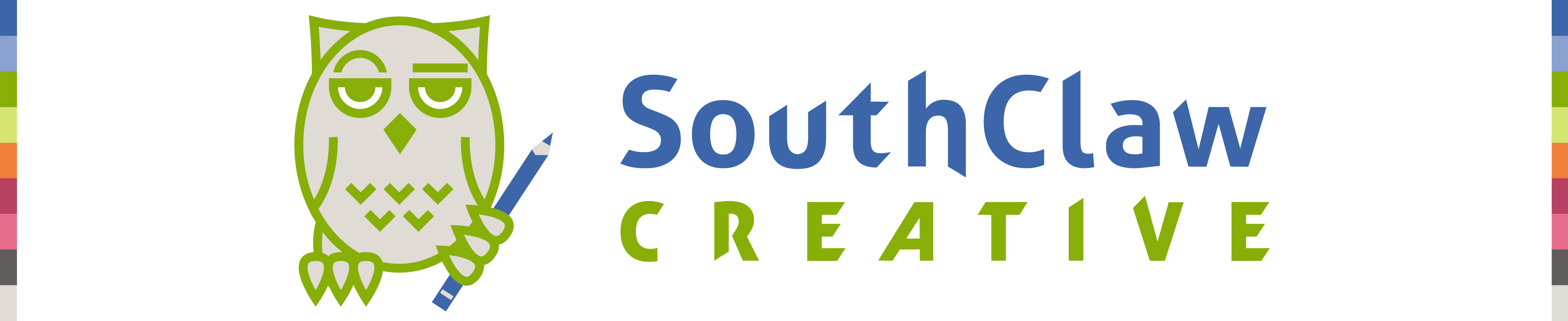 SouthClaw Creative Logo - stylized owl illustration with green outlines, grey fill, left claw holding blue pencil, right eyebrow raised
