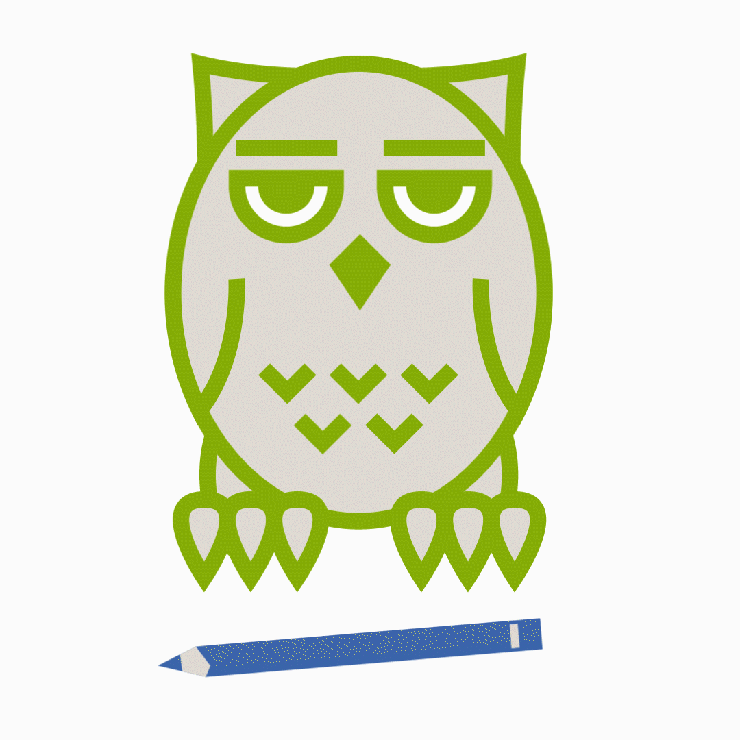 SouthClaw Creative Logo - stylized owl illustration with green outlines, grey fill, left claw holding blue pencil, right eyebrow raised