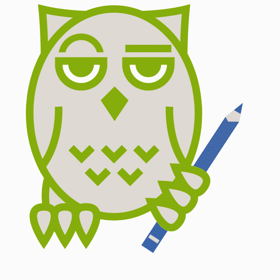 SouthClaw Creative Logo - stylized owl illustration with green outlines, grey fill, left claw holding blue pencil, right eyebrow raised