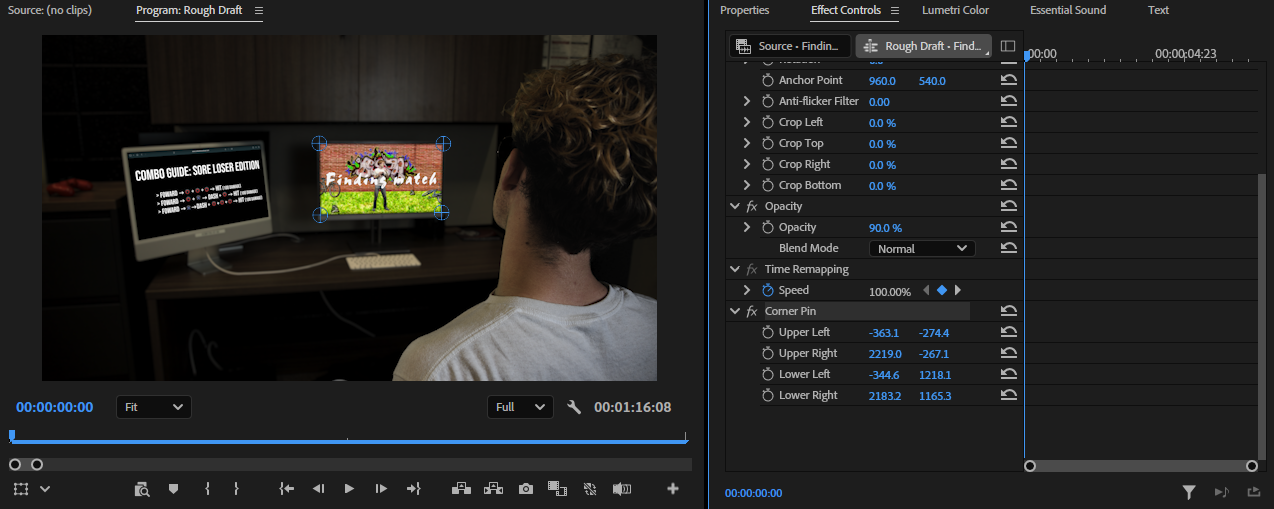 I added a Corner Pin effect to the monitor so it appears that he is actually playing the game.