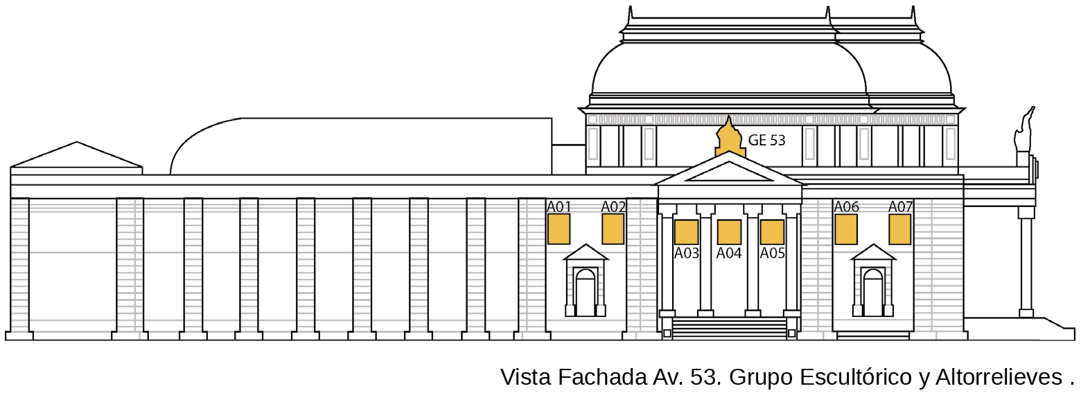 Esquema de la vista de Avenida 53 con marcación de los grupos escultóricos y altorelieves