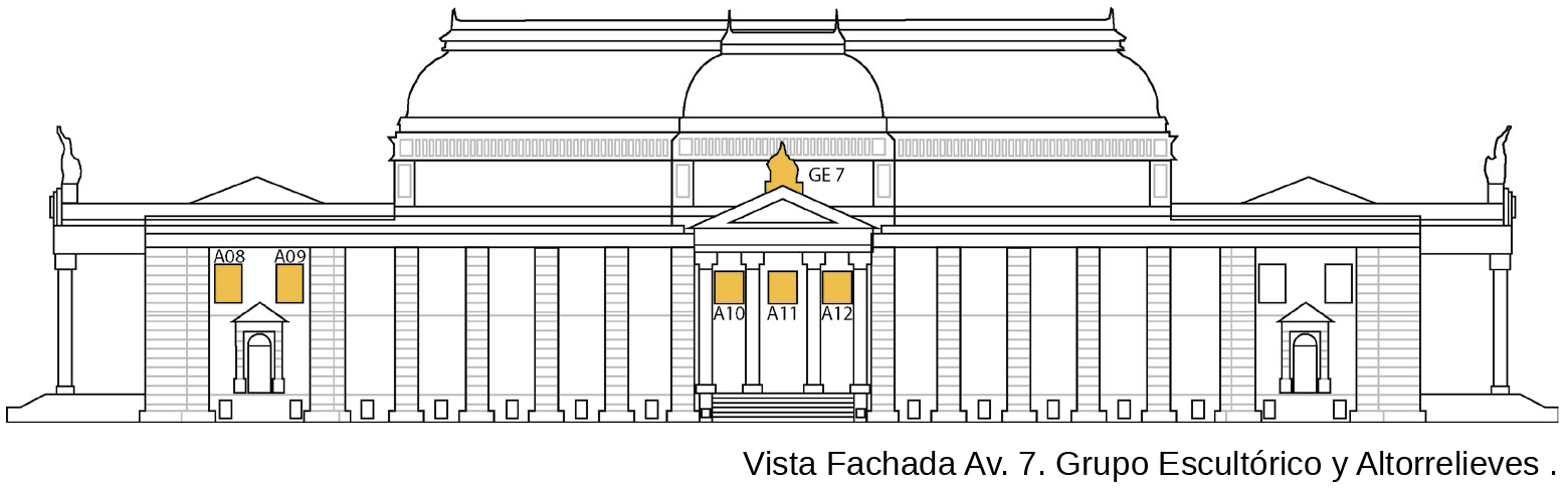 Esquema de la vista de Avenida 7 con marcación de los grupos escultóricos y altorelieves