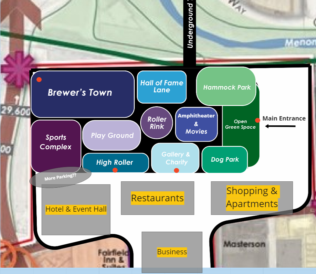 Image created by Maria Dries. This is a preliminary bubble diagram that shows the layout of the district overall, as well as the entertainment sector specifically.