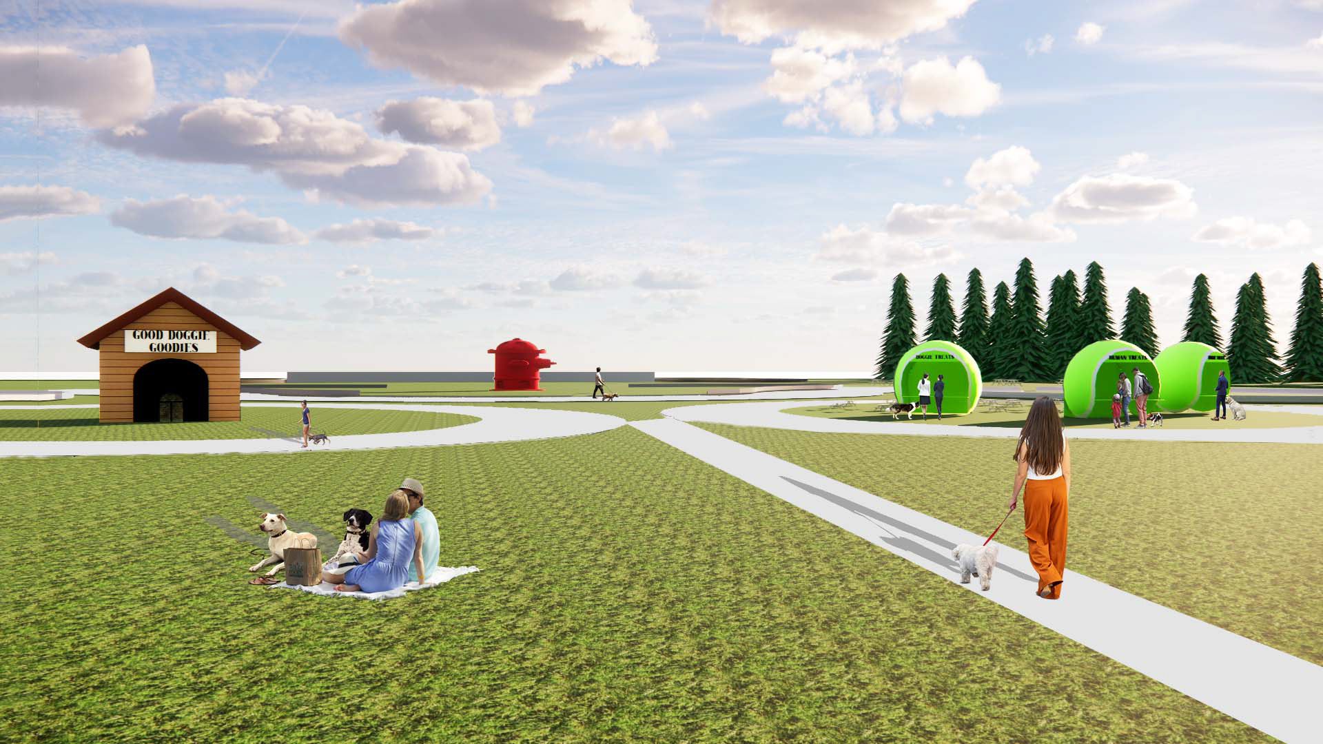 This image depicts the dog park as soon as visitors enter. The dog park is split into four major sections in order to maximize space, which includes a main "courtyard" area at the entrance, an agility course for dogs, an area for smaller or more timid dogs, and an area for bigger or more social dogs. The main "courtyard" area is shaped like a paw print (can be seen from map view) as a way to define different zones of space and to create more interesting geometries, while highlighting the space's intended use. The courtyard includes areas with fire pit seating, a gift shop with any dog essentials owners need, and an area for vendors of both human and dog treats. Behind the courtyard is also a doggy daycare, which is shaped like a dog bone (can be seen from map view).