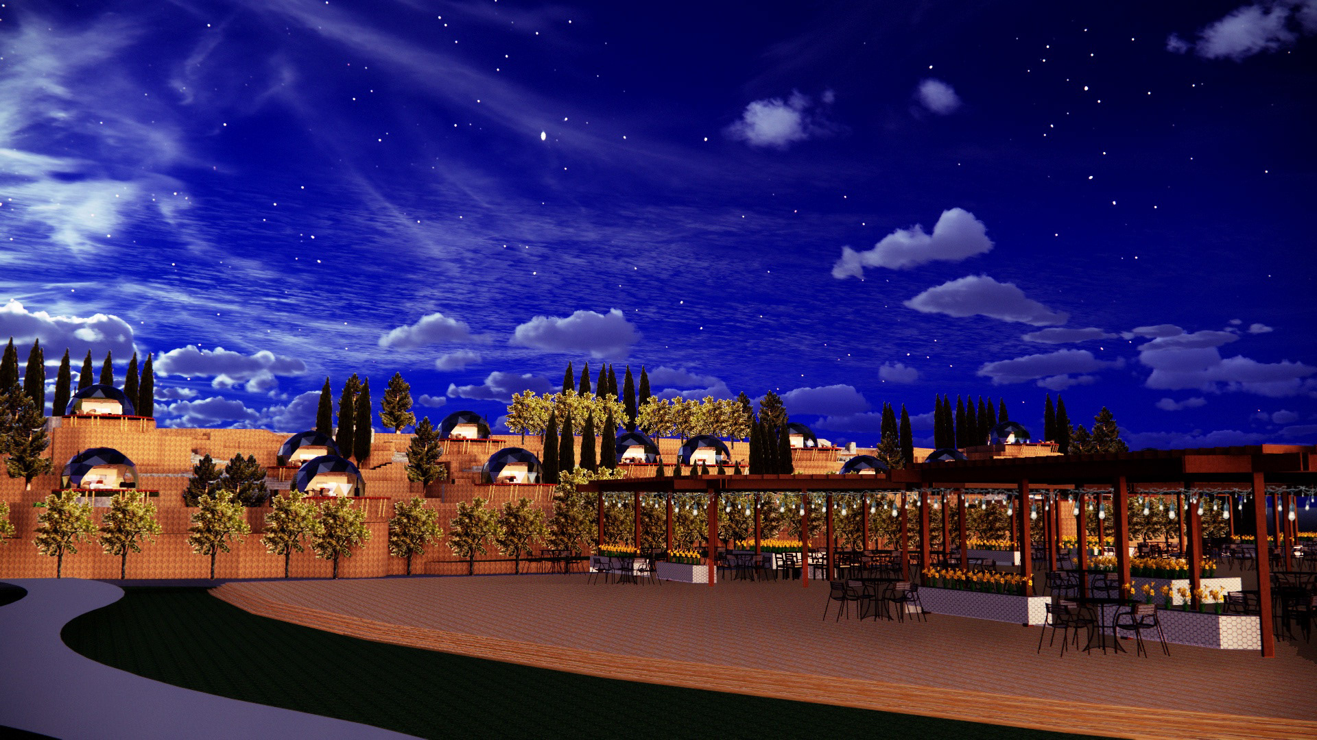 This image depicts the "glamping" zone at night.