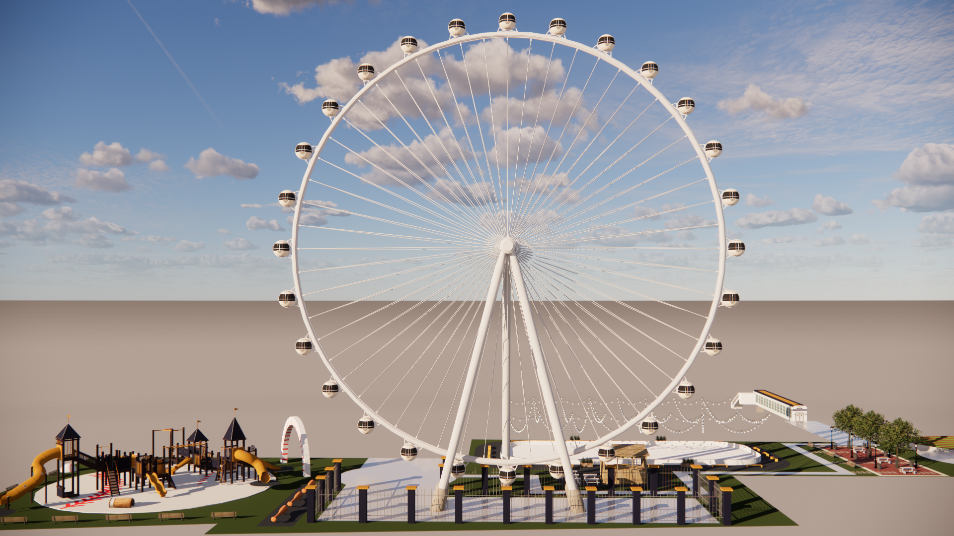 This high-roller contains indoor cabins with seating and screens that can be rented year-round to create a sophisticated, "VIP" feeling experience for guests.