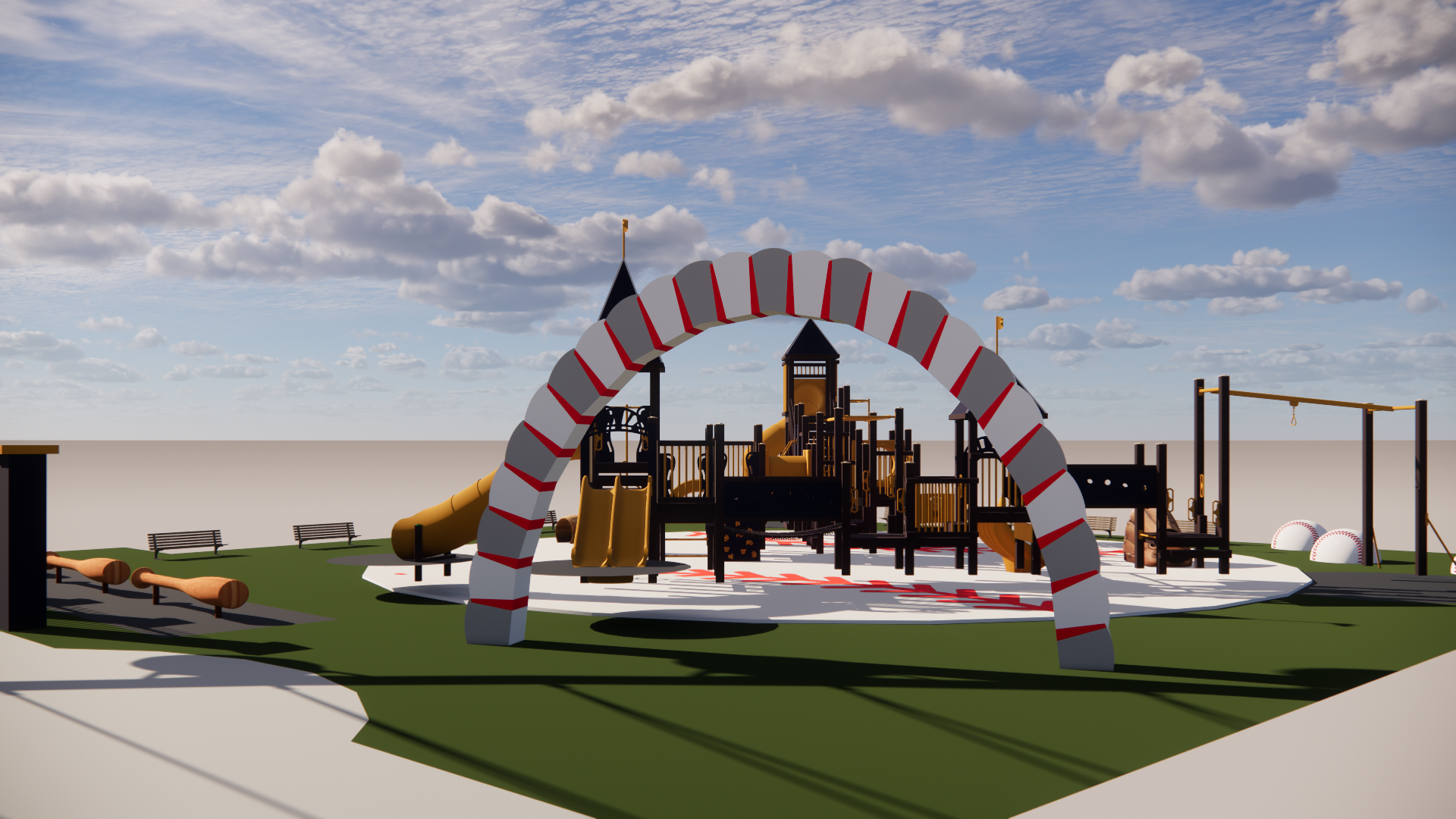 The playground contains a baseball-themed archway in order to create an inviting experience for children and families.