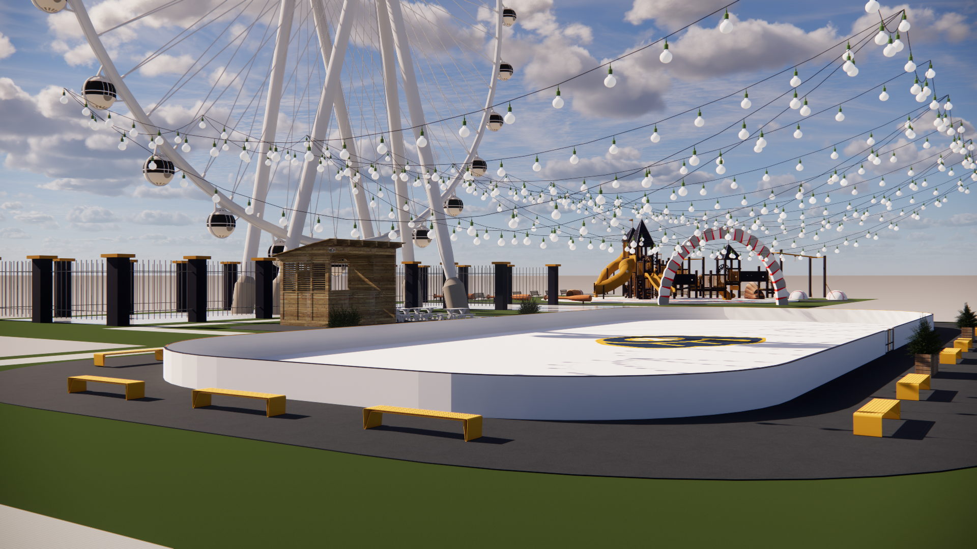 This ice rink can be drained and converted into a roller rink in order to provide a fun experience for all ages year-round. It also includes Brewers branding that can be seen from above.