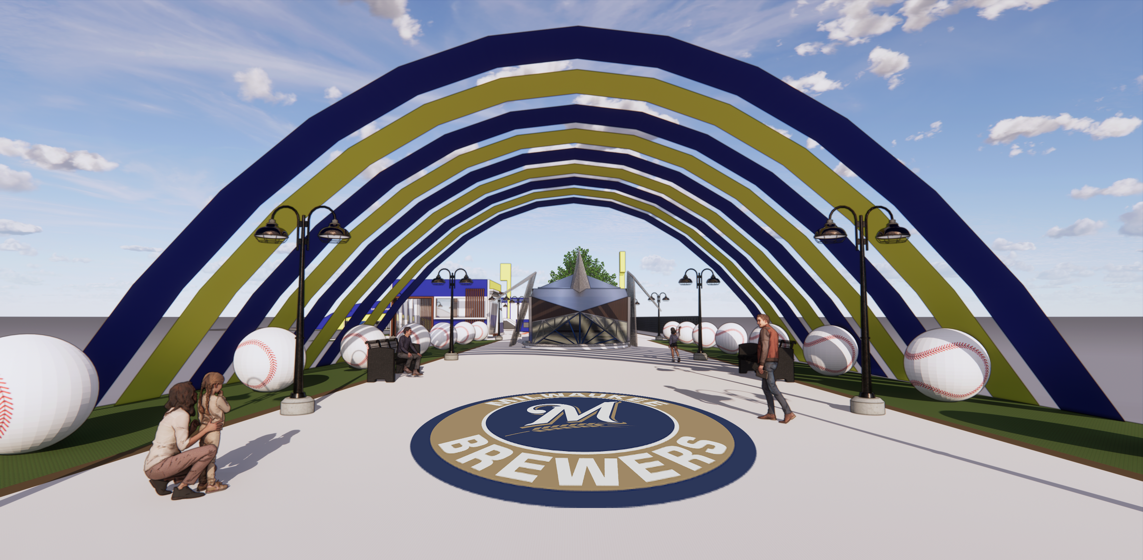 The entrance to the "Sports Zone" contains a main archway to draw guests in that features Brewers colors, logos, and baseballs to further highlight the Brewers' association with the district.