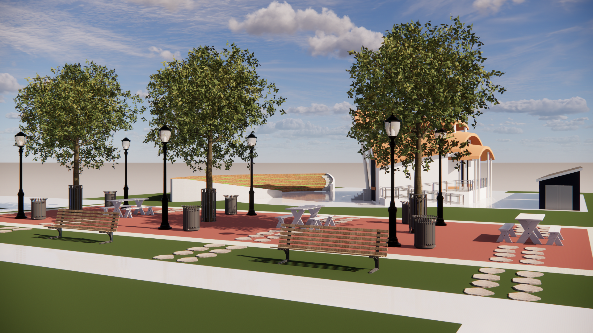 This picnic zone acts as a functional transition zone where guests can take a break from the busy activity happening nearby.