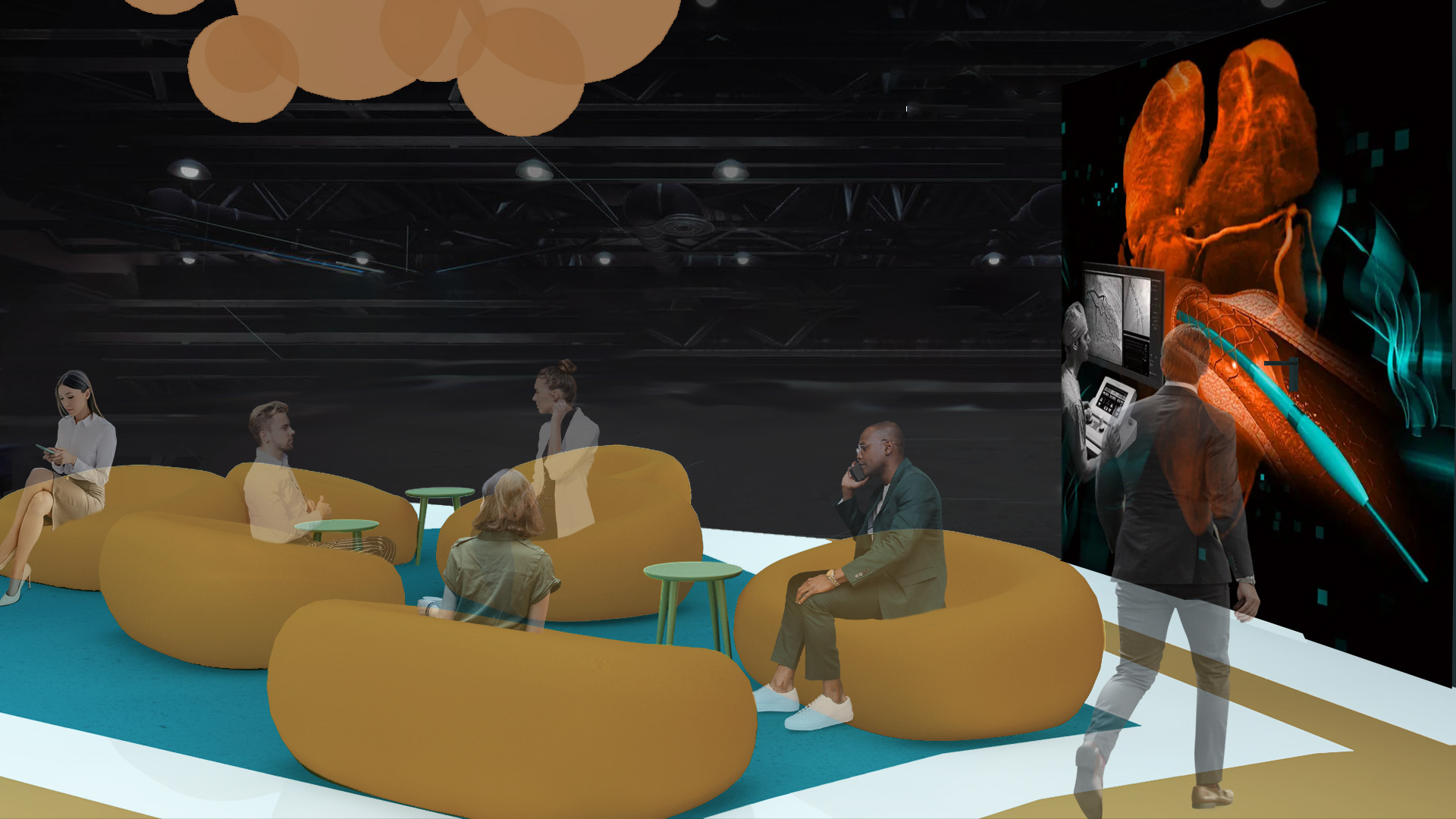 Coming from the back side, on the right-hand side is the lounge space for guests to relax. Off to the right is the door to the conference room hidden by more company graphics.