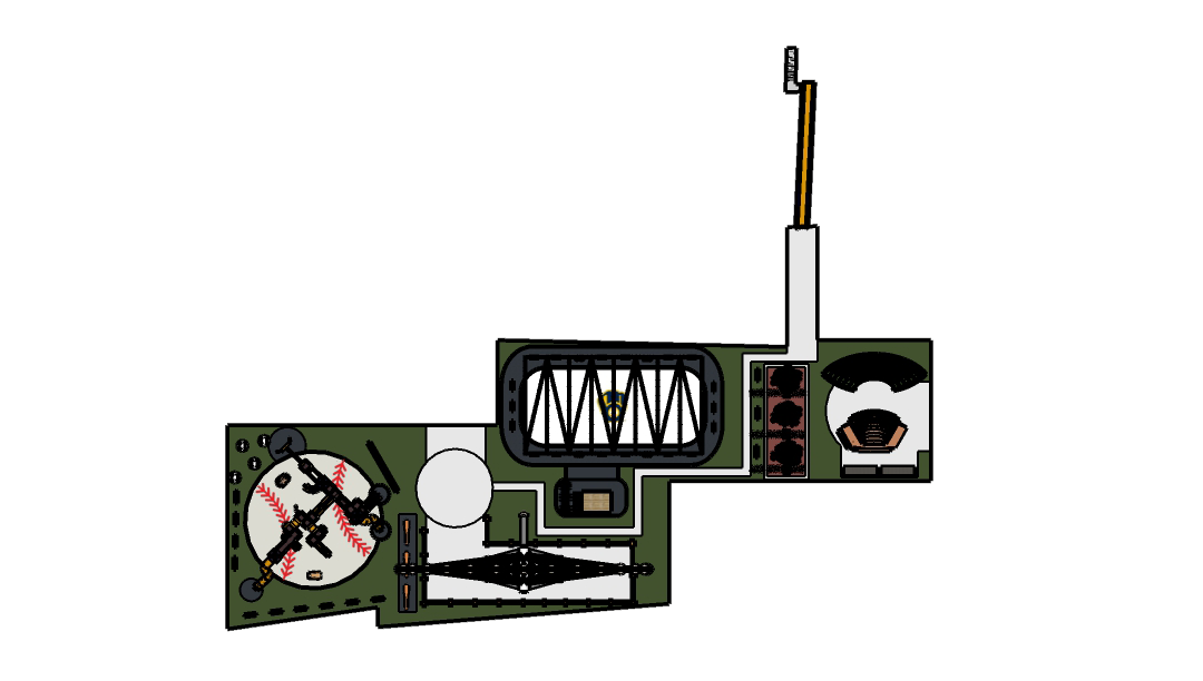 This section of land was designed by Eleni Dalamangas. This is the portion of the sports and entertainment sector referred to as the "Youth Zone," and includes an underground tunnel connecting to Am Fam Field (top), a convertible roller and ice rink (upper center), a high roller (lower center), a playground (left), and an outdoor amphitheater (right) with a picnic area (to its left).