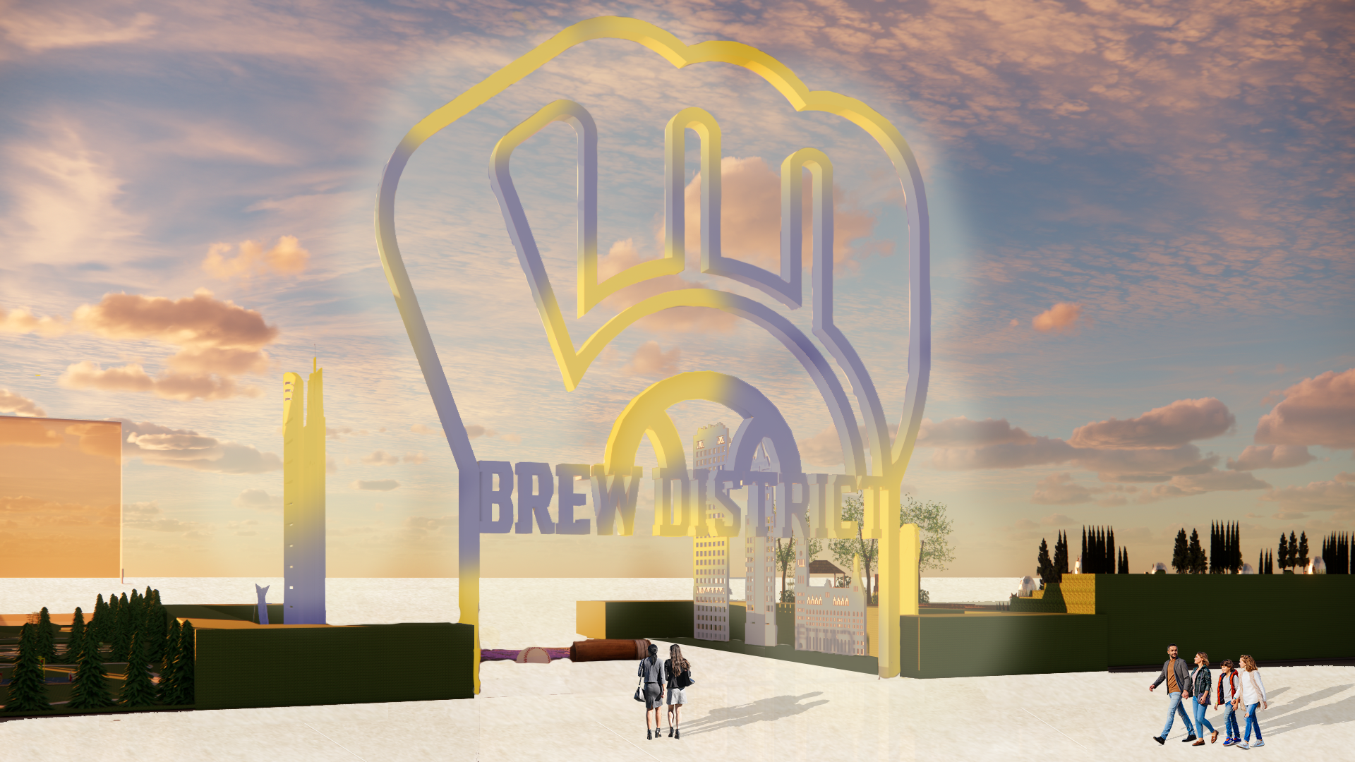 This is a view of the main entrance into the Brew District. The intent for this design is to highlight the district's association with the Milwaukee Brewers baseball team, which is accomplished through the glove logo-inspired main archway as well as baseball-themed buildings that immediately greet visitors. In order to also create an atmosphere that celebrates the city of Milwaukee as a whole, sculptures depicting different iconic buildings in Milwaukee such as the art museum and city hall buildings line either side of the entrance. These sculptures, along with the main archway, are embedded with programmable lights in order to promote different themes and experiences. This image shows a possible lighting design for Brewers game days. This concept creates an adaptable environment as well, in order to create connections with the surrounding community. This is also achieved with a "seasonal zone" in the center, which in this image has a flower bed that could be used in the springtime, while fall may entail pumpkins, Christmastime could entail a tree, etc.