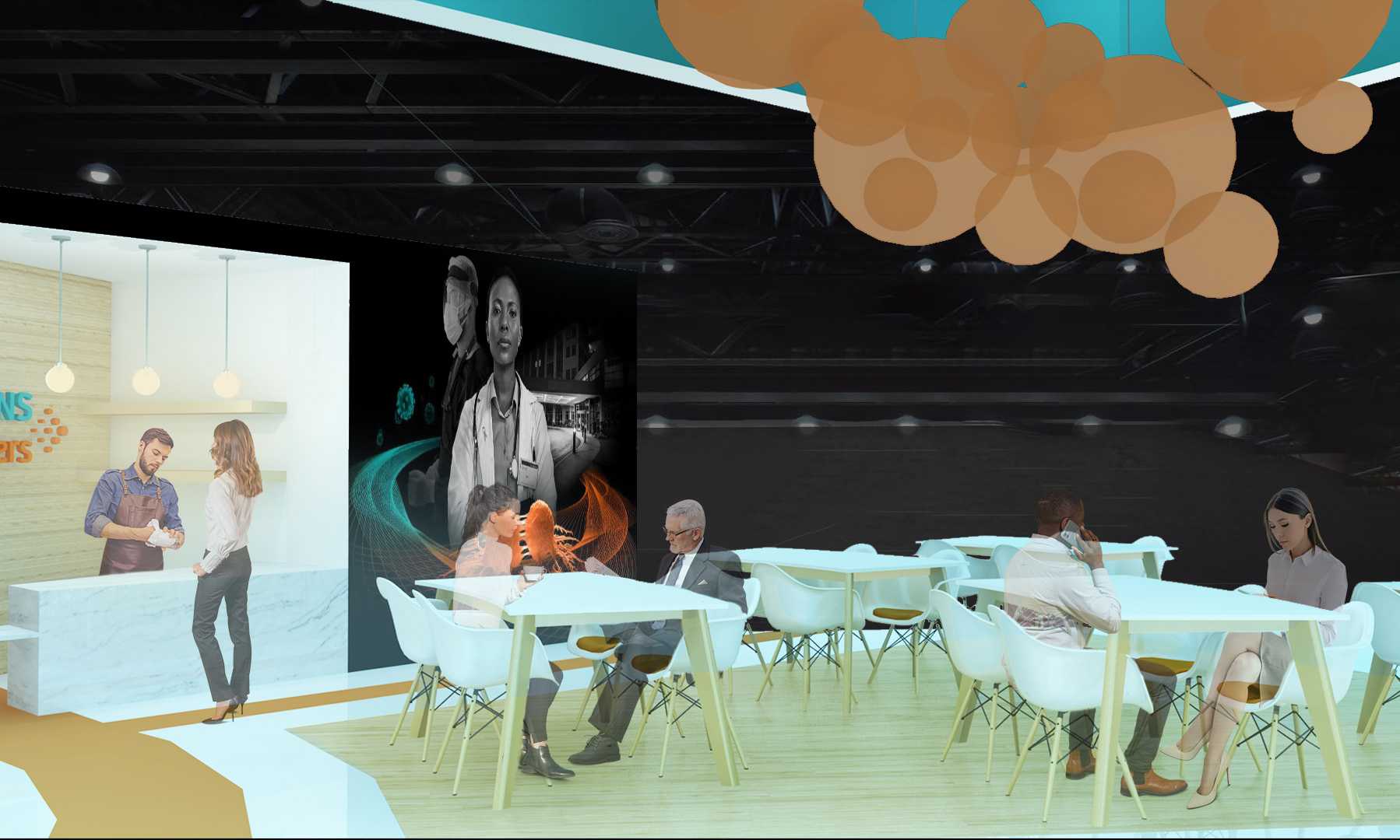 This interior rendering shows the hospitality bar and seating off to the right of the theater space.