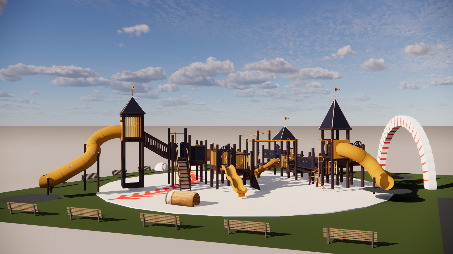 The baseball theme continues on the ground and with Brewers' blue and gold colors in order to tie the space back to the Milwaukee Brewers.