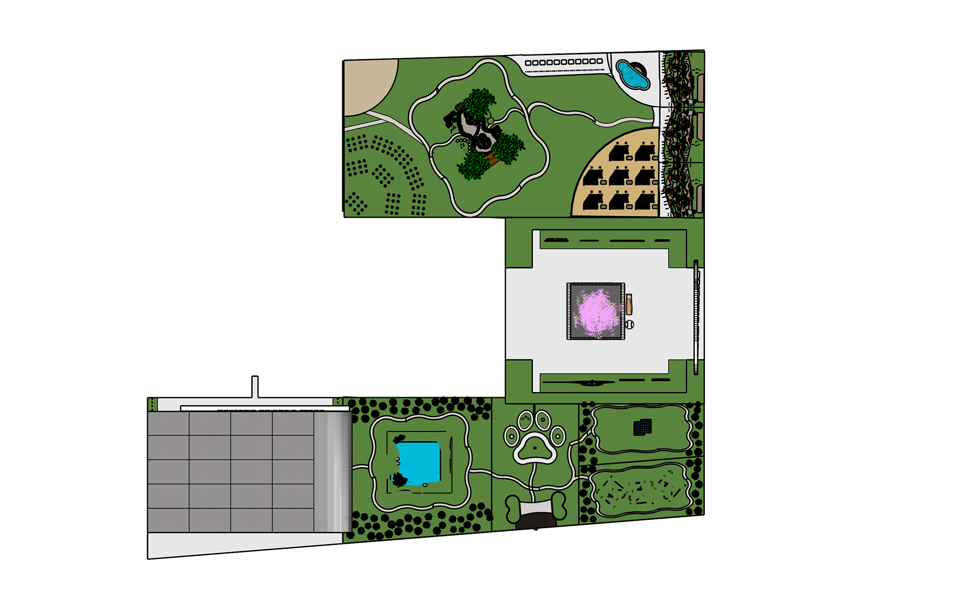 This is portion of the sports and entertainment sector that is referred to as the "Green Zone," and includes the main entrance (right), the dog park (bottom right), the "Zen Zone" (top right), and the gallery space (bottom left).