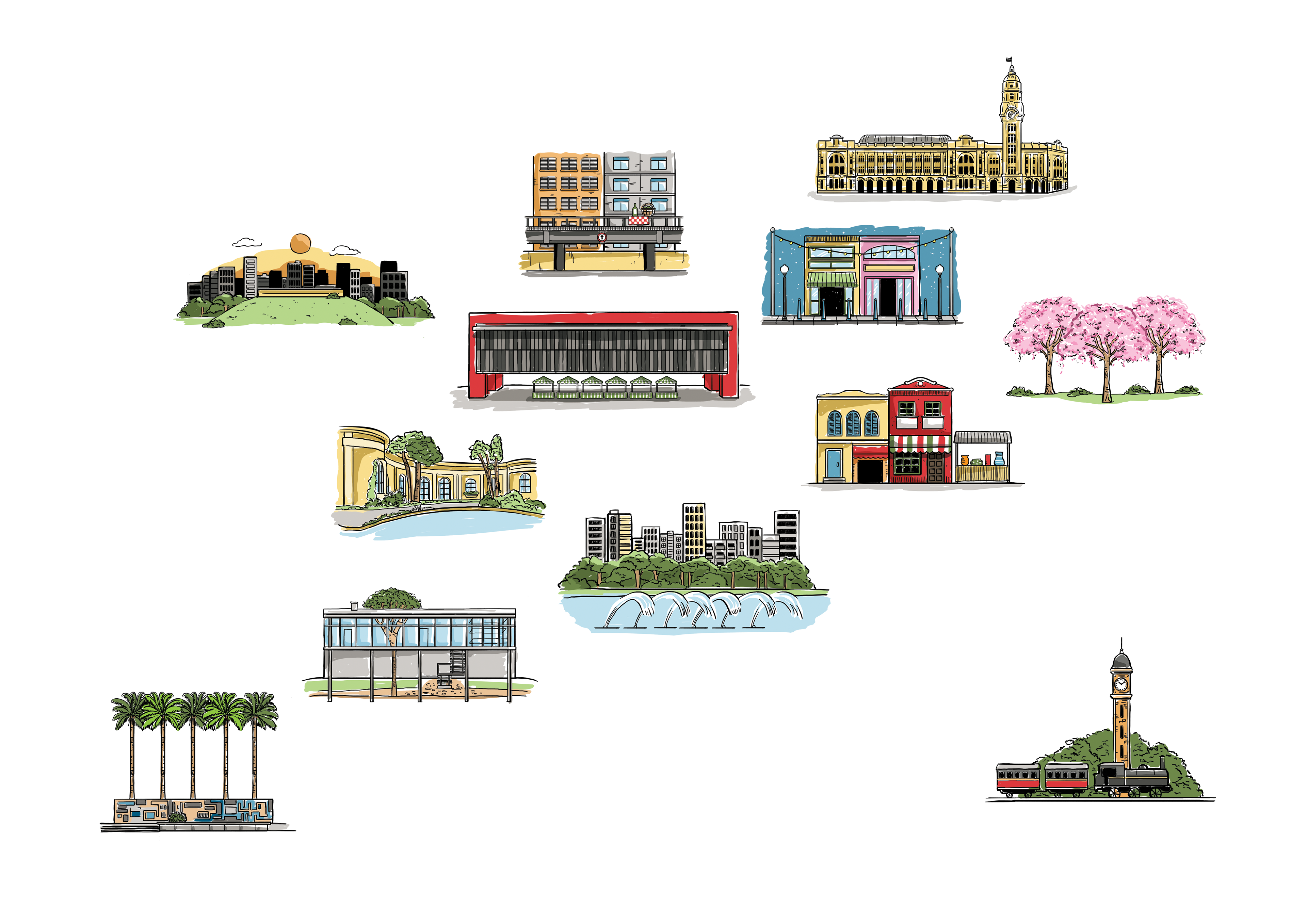 Desenho dos pontos turísticos (MASP, Luz, Bexiga, Parque Ibirapuera,etc)