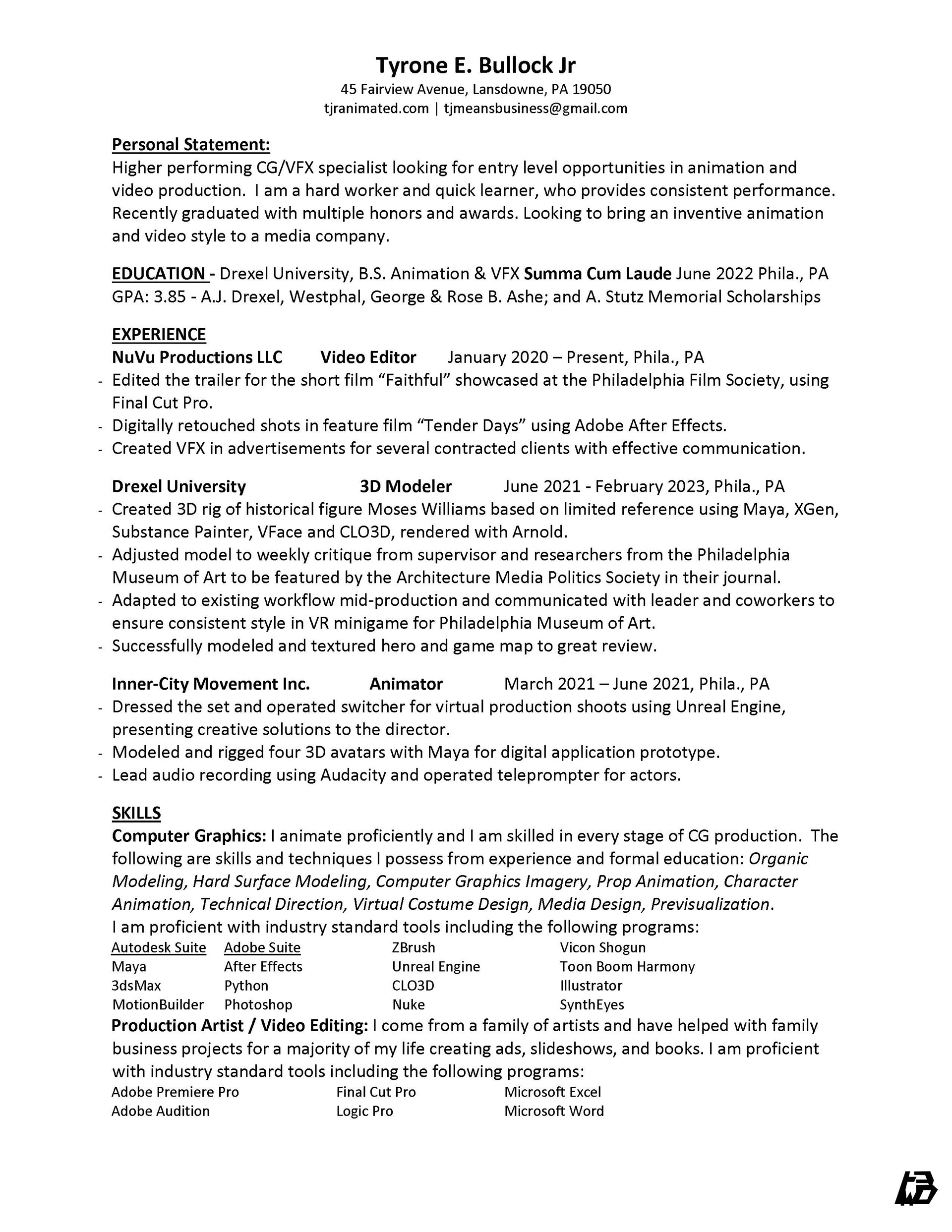 Tyrone Bullock Jr - tjranimated - Resume