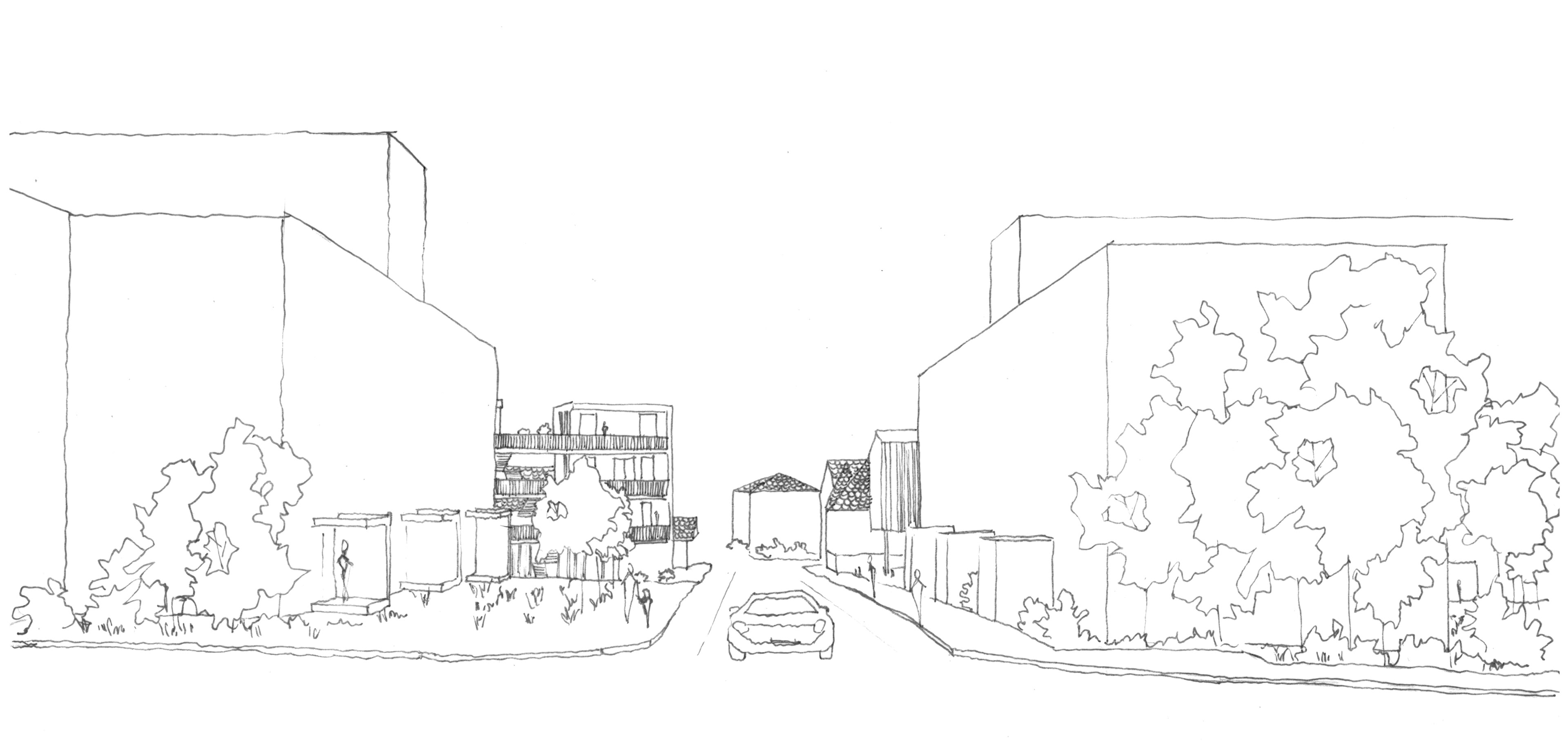 Vue depuis la rue, logement collectif et café associatif