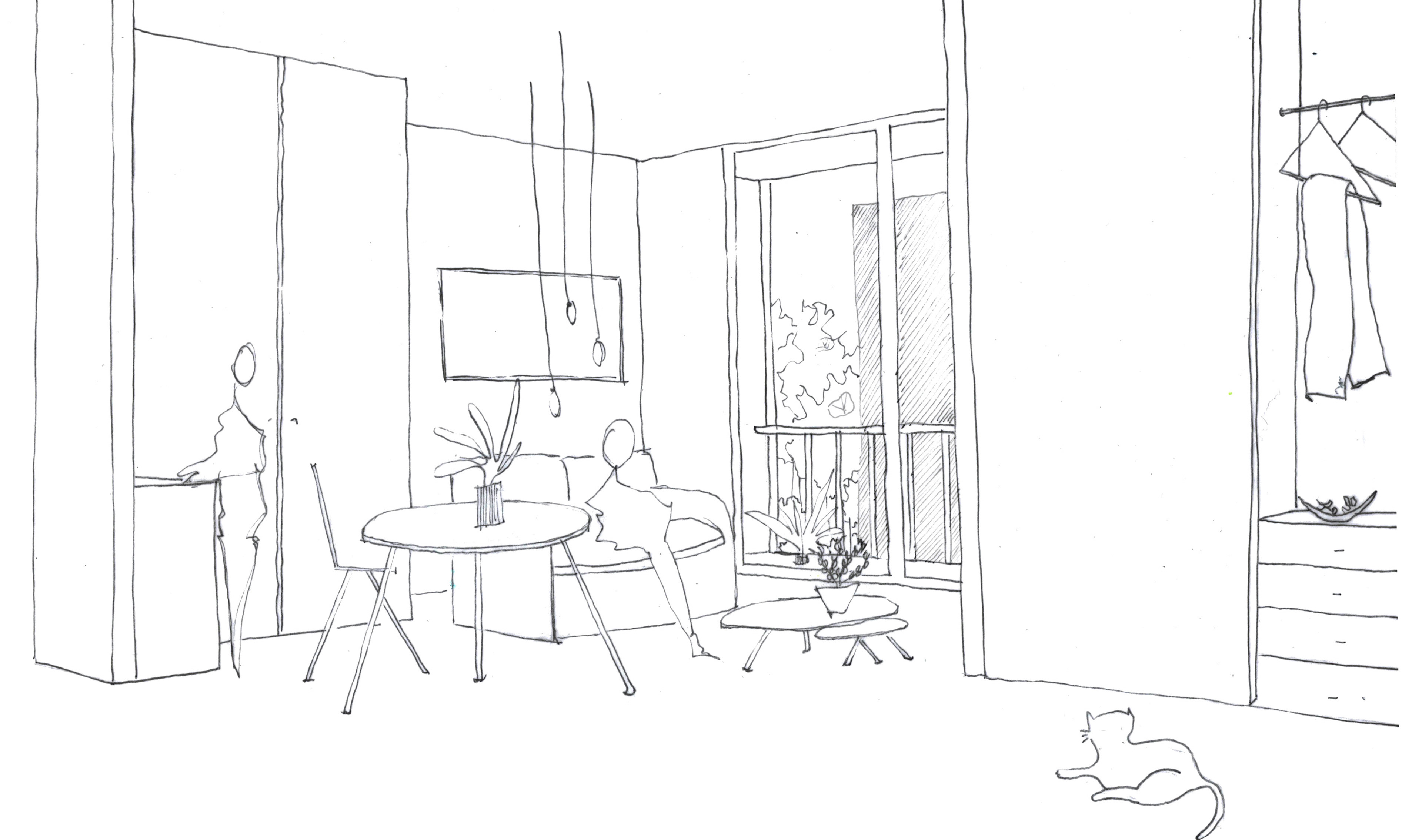 Vue depuis l'un des séjours, logement collectif et café associatif