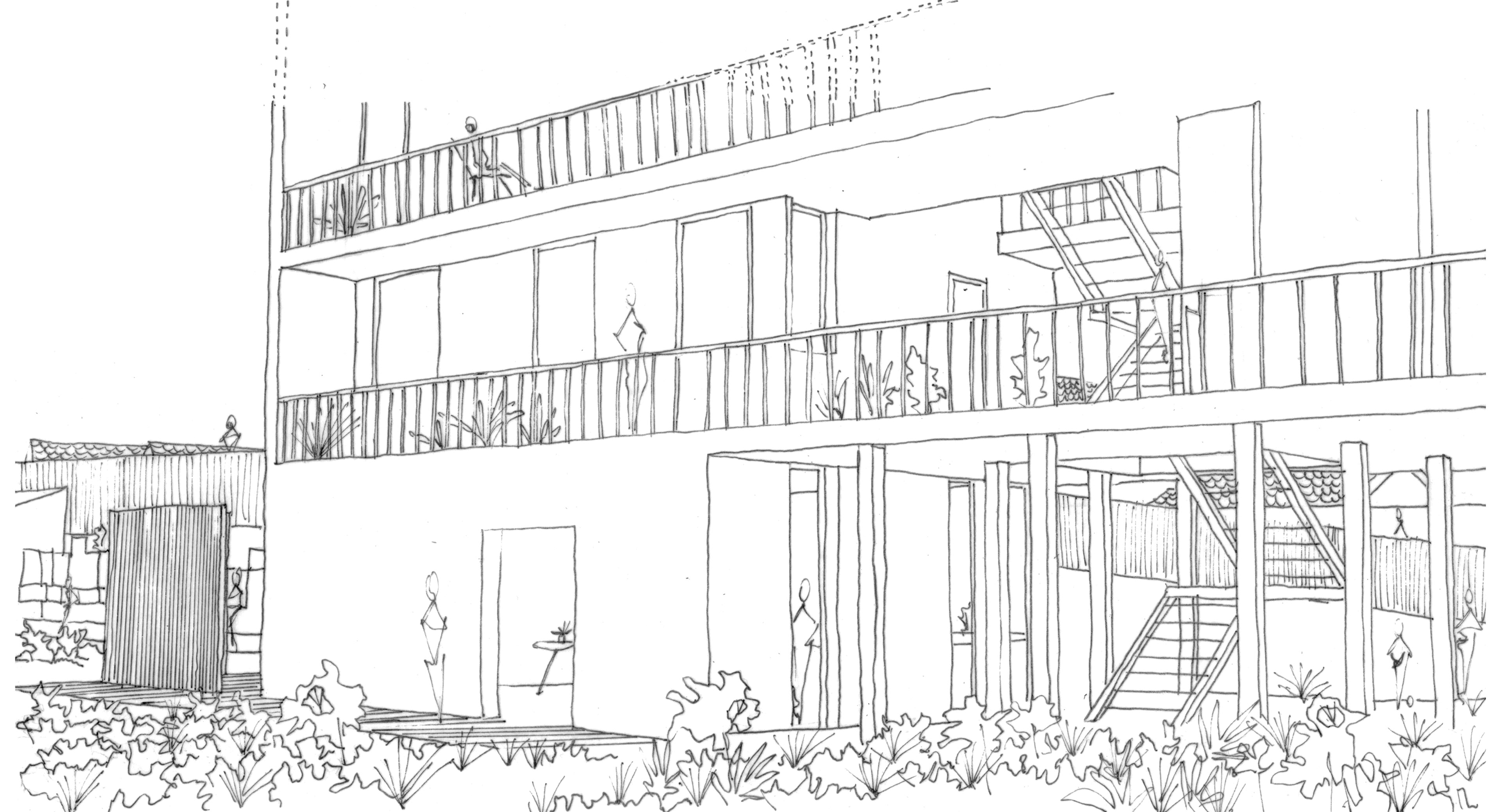 Vue depuis le jardin, logement collectif et café associatif
