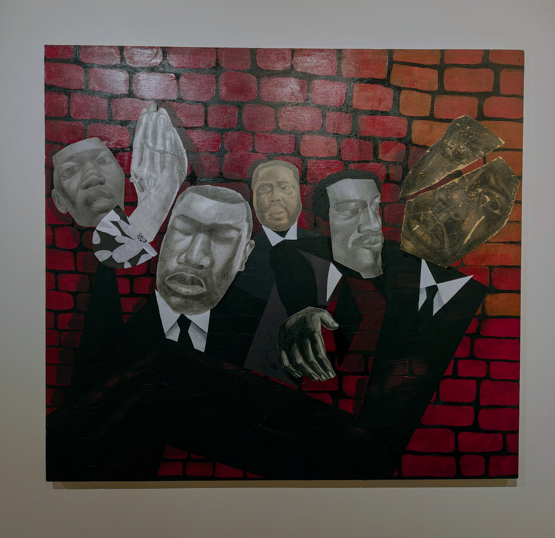 Pallbearers, Acrylic and collage on panel, 2025