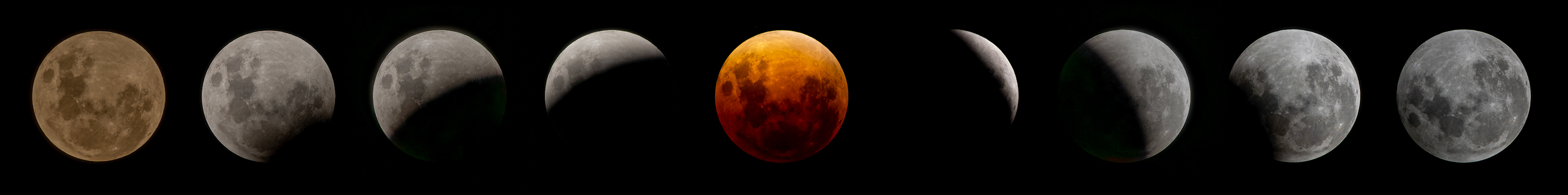 Total Lunar Eclipse, taken with Nikon ZF and 180-600mm zoom with a 2.0x teleconverter. Assembled in Photoshop.