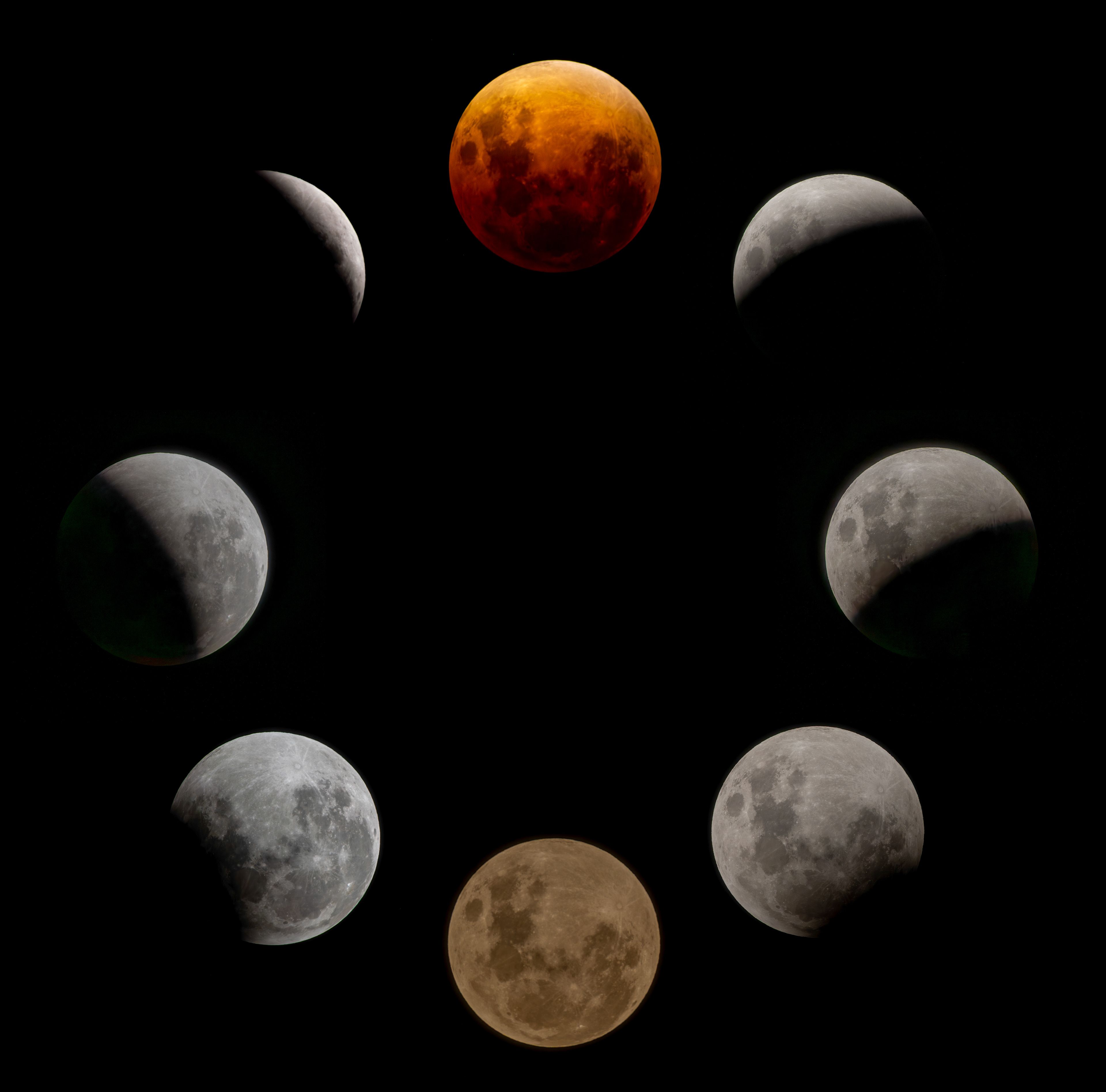 Total Lunar Eclipse, taken with Nikon ZF and 180-600mm zoom with a 2.0x teleconverter. Assembled in Photoshop.