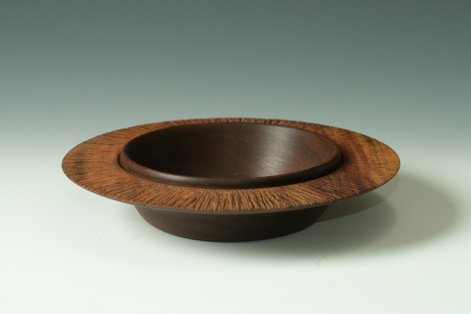 Walnut "saturn" dish with bleached and textured rim - 7" x 1 1/2" - $95