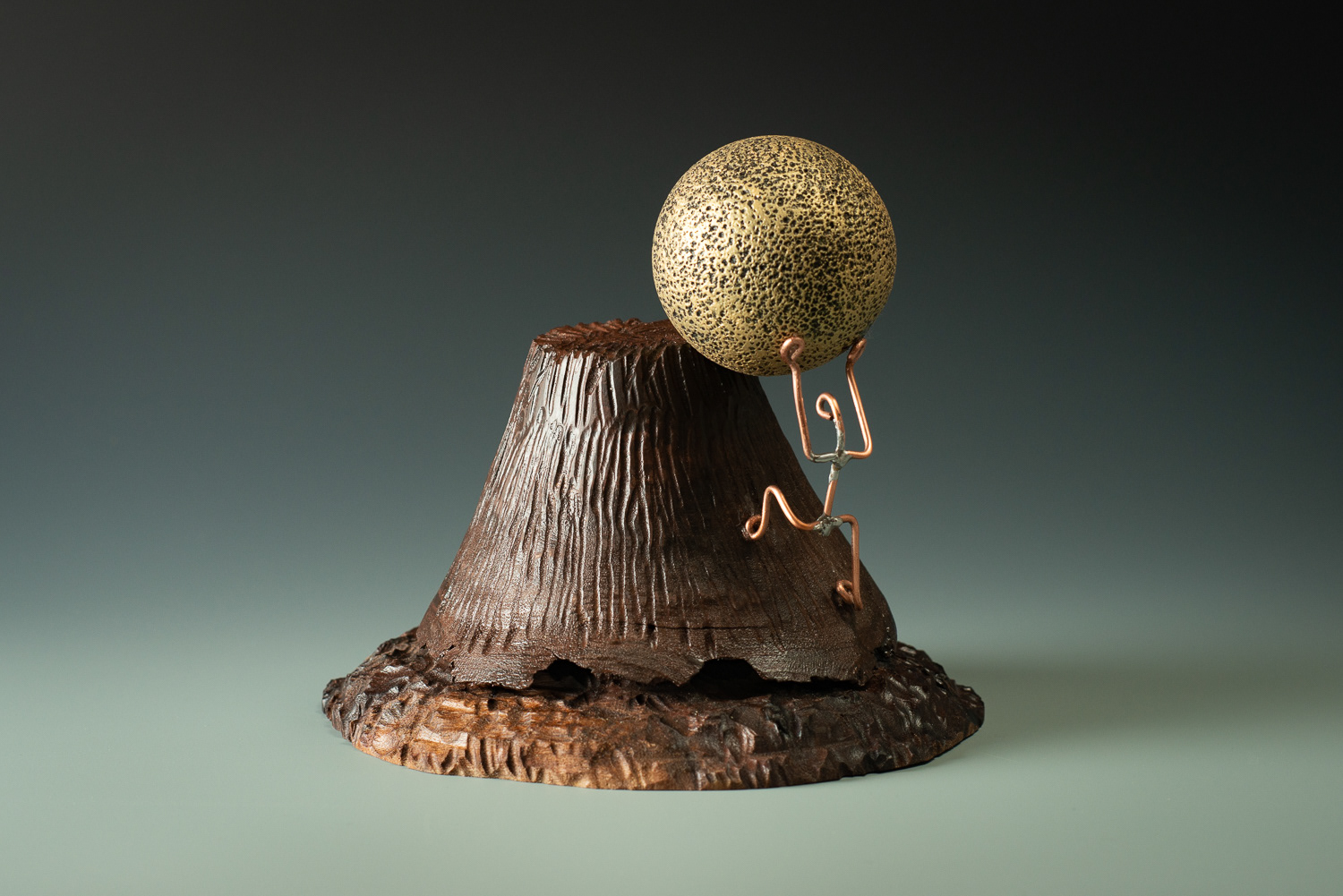 "Sisyphus" Carved walnut, maple, copper - 7" x 7 1/4 - $175